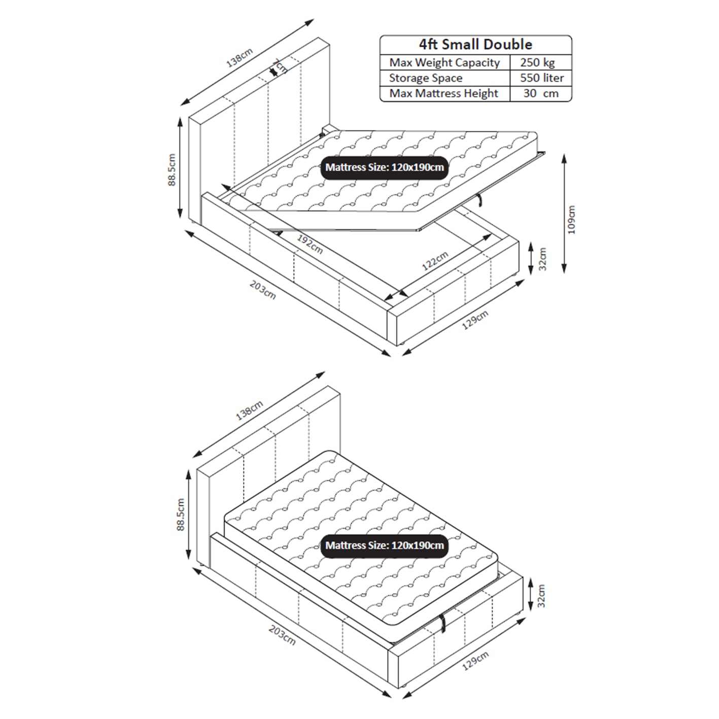 LUNA 4FT Small Double Cream Beige Ottoman Storage Bed Gas Lift - Faux Leather Fabric - L:203cm x W:138cm x H:88.5cm