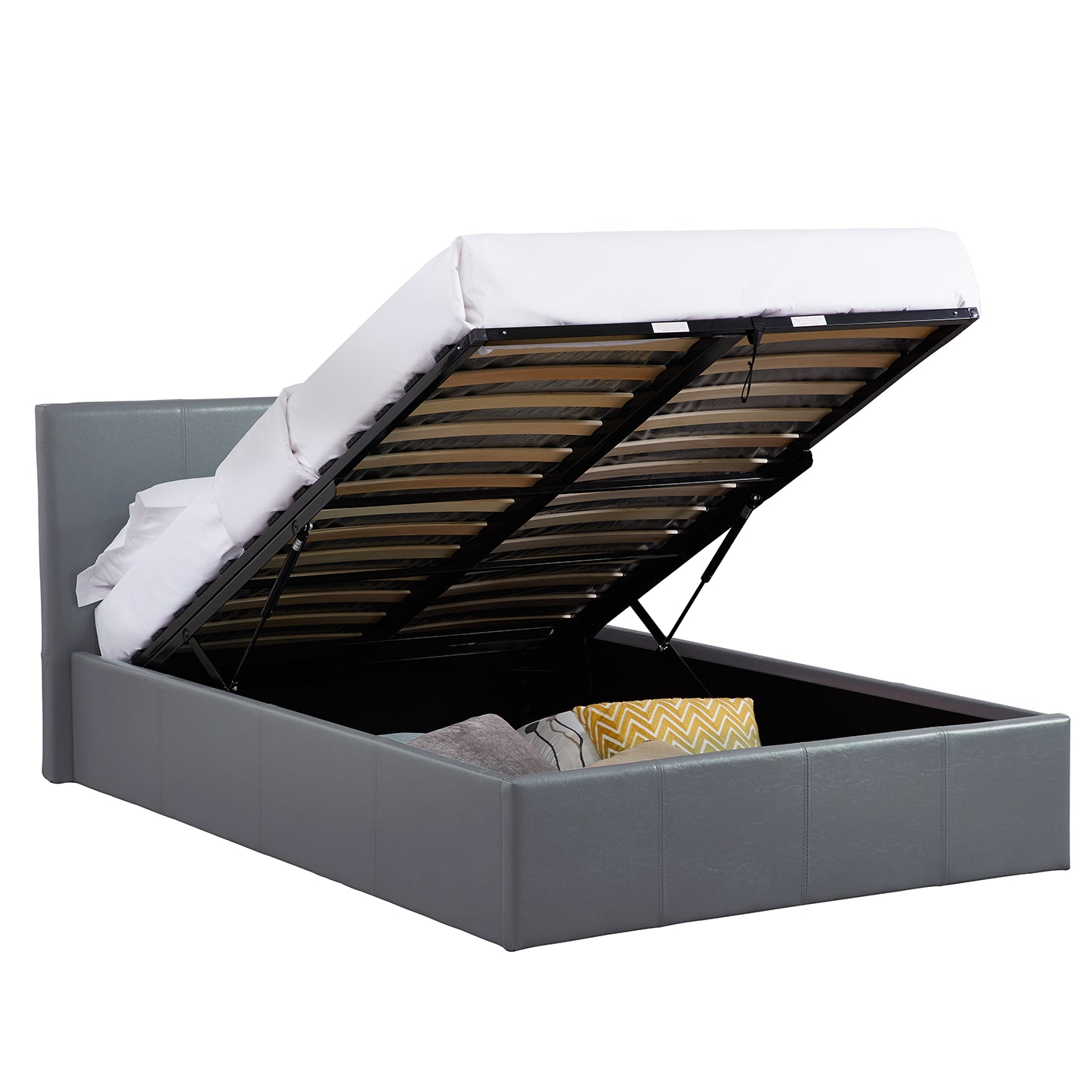 LUNA 4FT Small Double Grey Ottoman Storage Bed with Gas Lift & 15cm Thick Memory Foam Mattress - L: 203cm x W: 138cm x H: 88.5cm