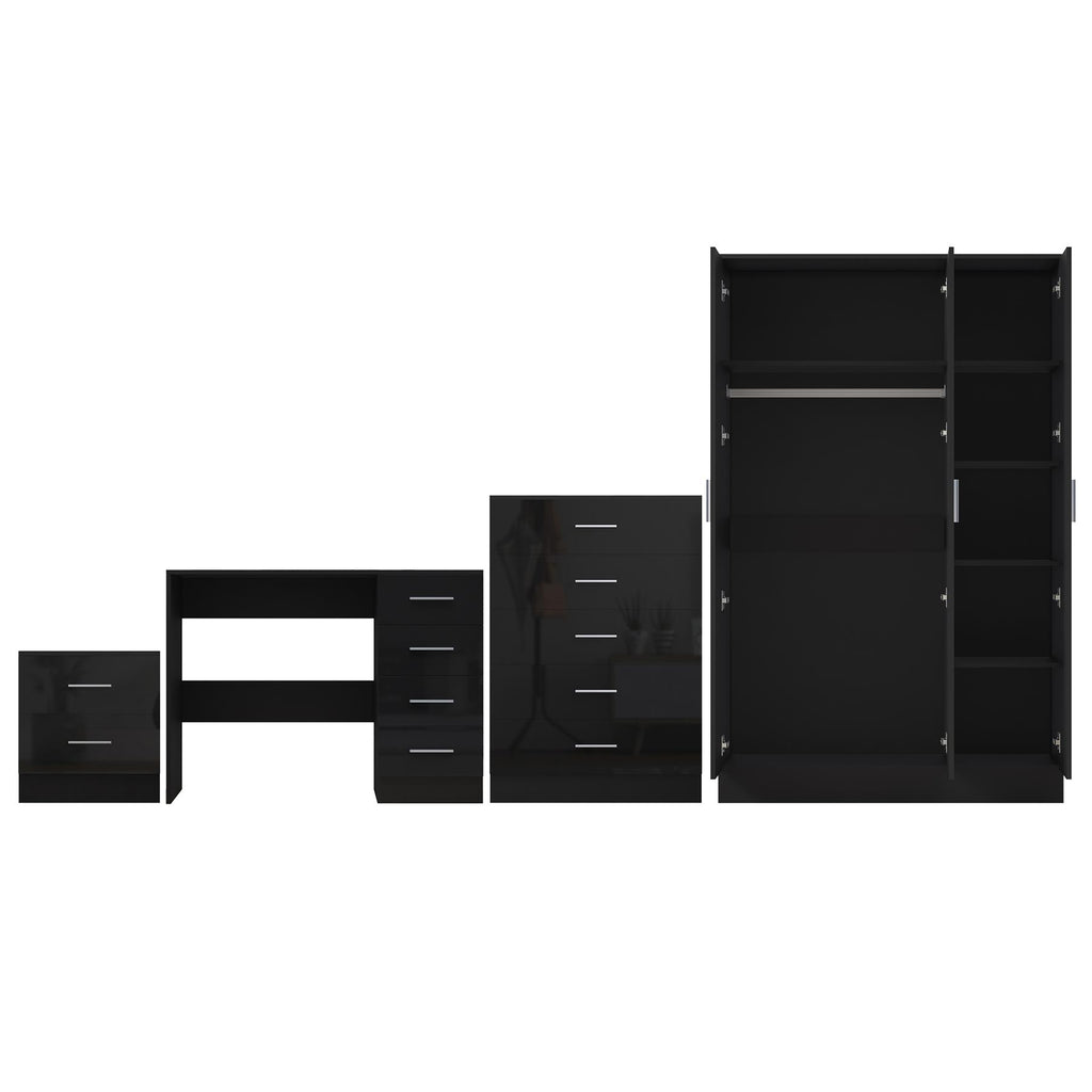 Reflect 3 Door Plain Wardrobe, 5 Drawer Chest, 2 Drawer Bedside & Desk - Black Gloss & Black Oak - Modern Bedroom Furniture Set