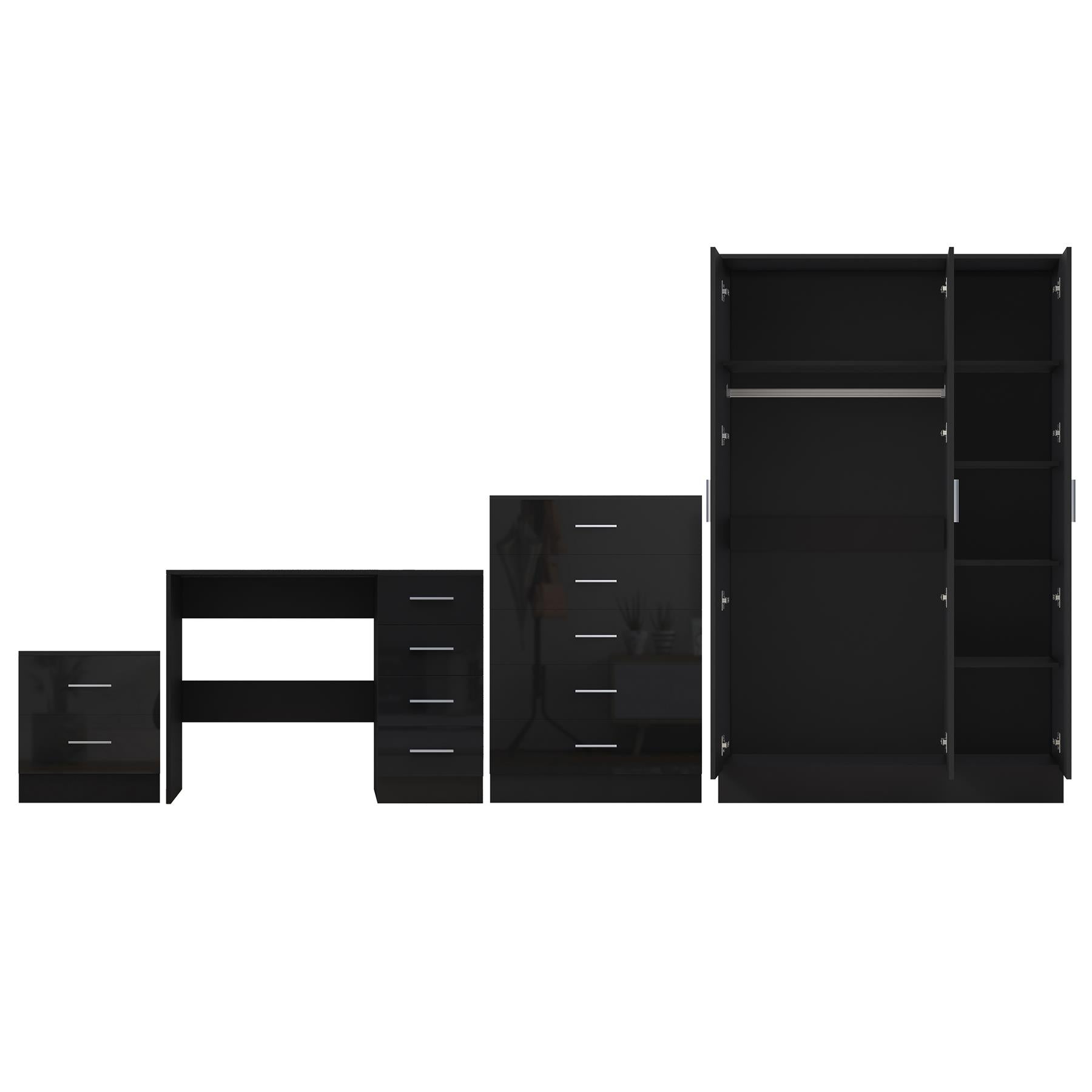Reflect 3 Door Plain Wardrobe, 5 Drawer Chest, 2 Drawer Bedside & Desk - Black Gloss & Black Oak - Modern Bedroom Furniture Set