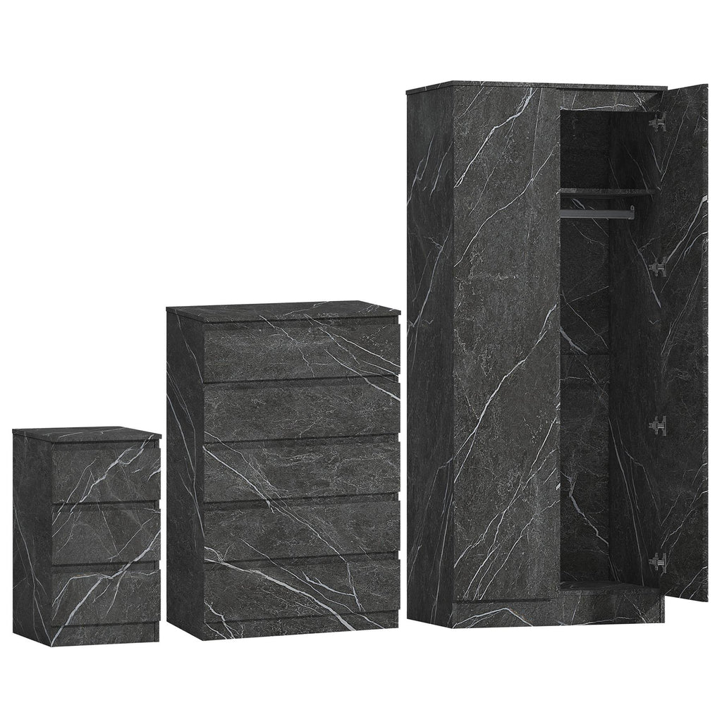 ZITA 3pc Set - 2 Door Wardrobe + Tall Chest + Bedside in White OR Grey Marble