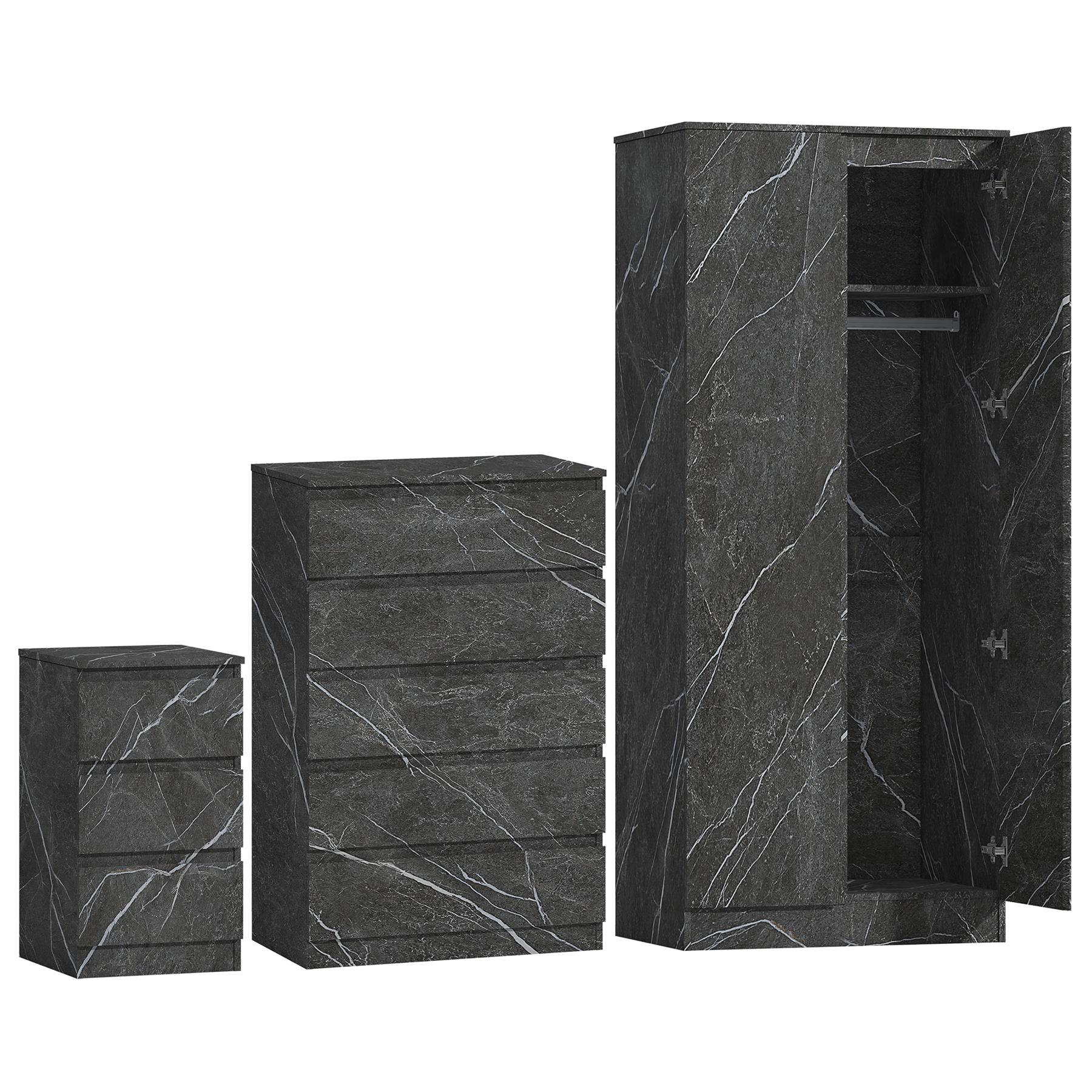 ZITA 3pc Set - 2 Door Wardrobe + Tall Chest + Bedside in White OR Grey Marble