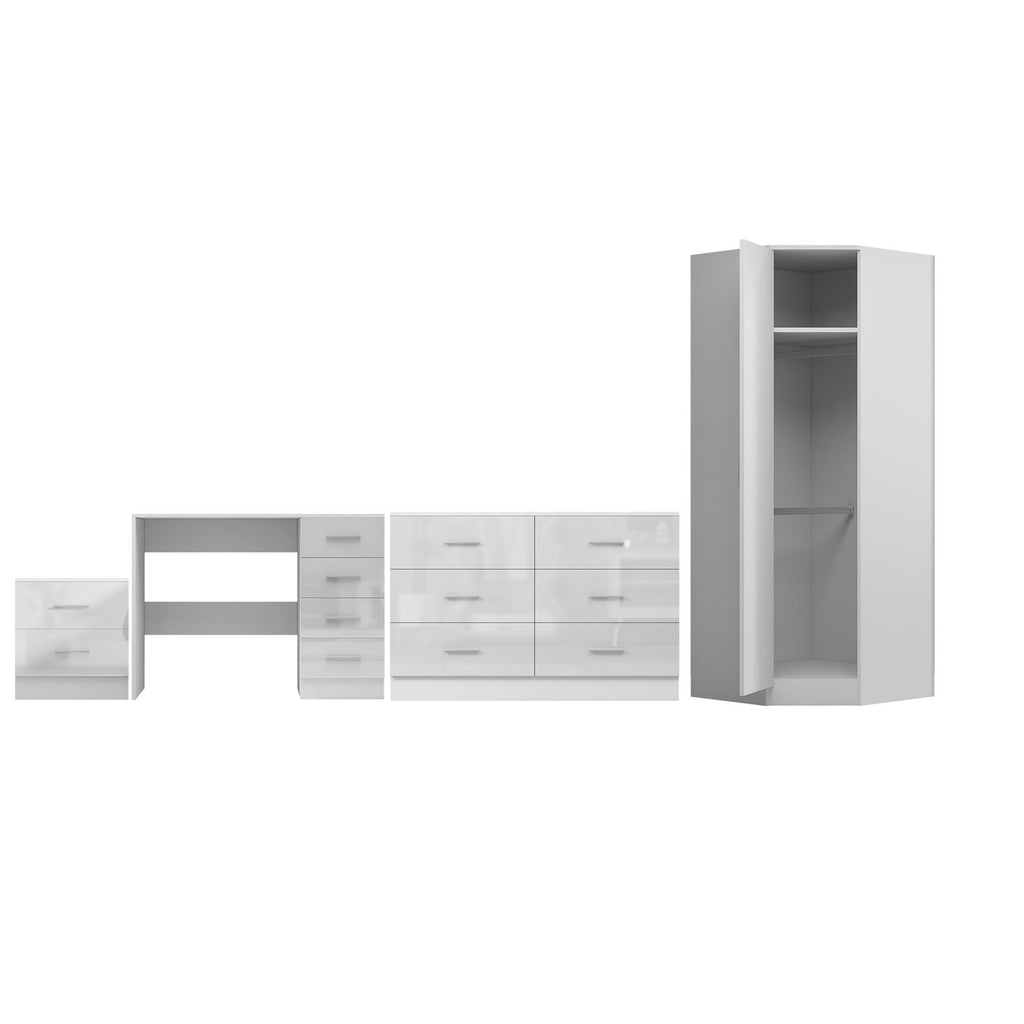 REFLECT - 1 Door Corner + 6 Drawer Chest + 2 Drawer Bedside + 4 Drawer Desk in Gloss White / Matt White