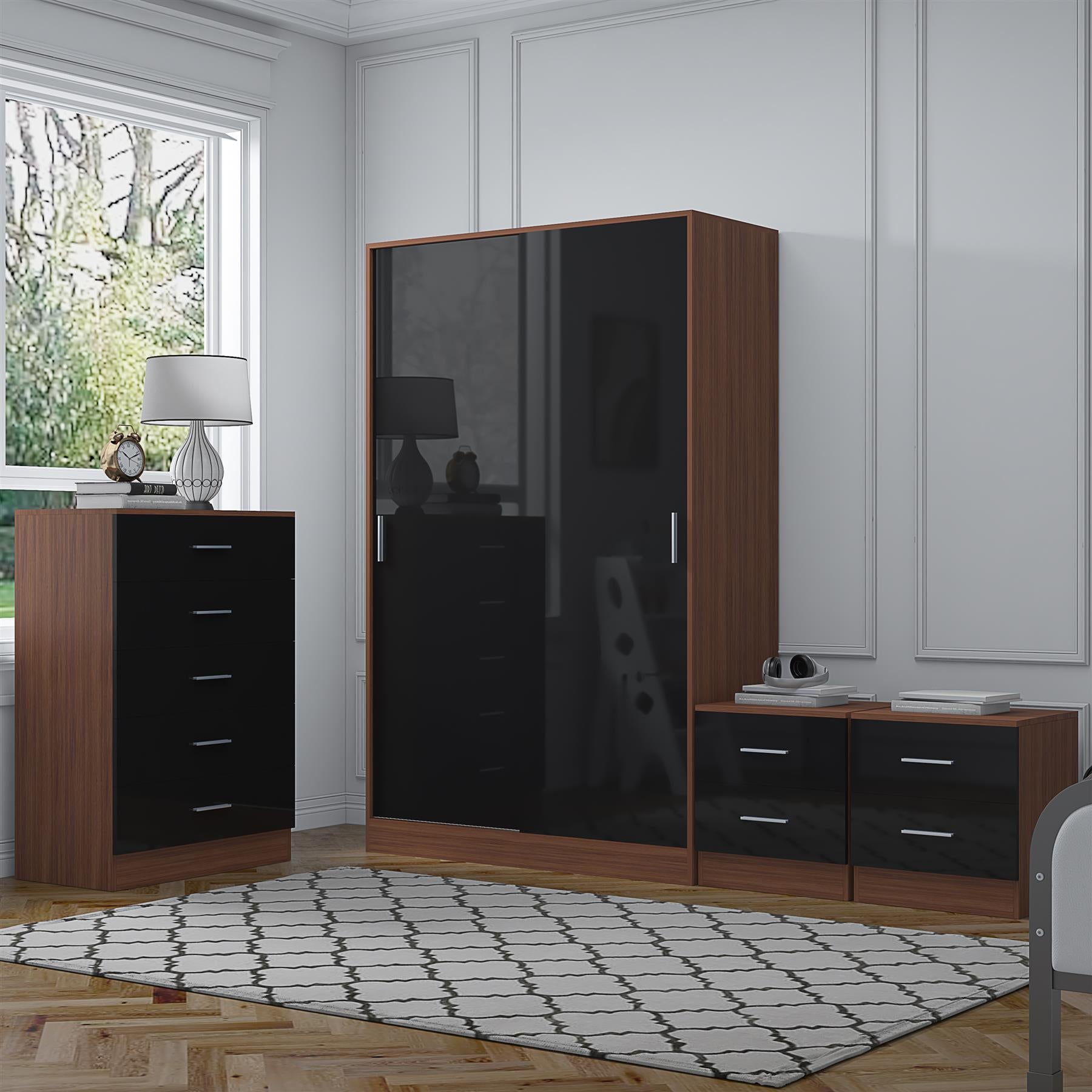 Reflect 2 Door Sliding Wardrobe, 5 Drawer Chest, 2x 2 Drawer Bedsides - Black Gloss & Walnut - Modern Bedroom Furniture Set