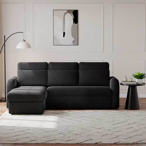FLYN - 3 Seater L Shape Corner Sofabed in Teddy Boucle BLACK