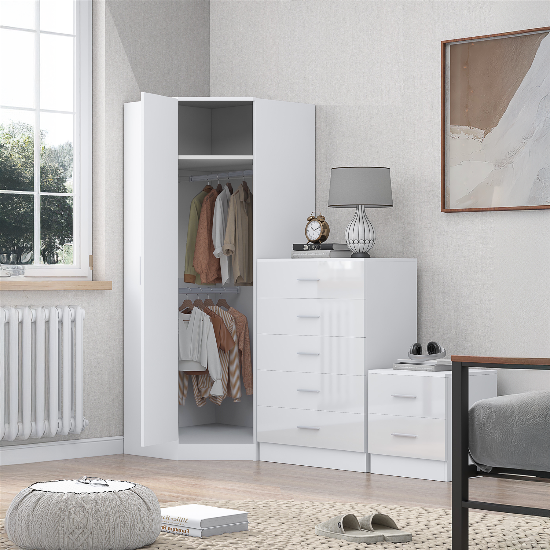 REFLECT 1dr Corner Bedroom Furniture Bundles Chest, Bedsides, Desks - 4 Colours