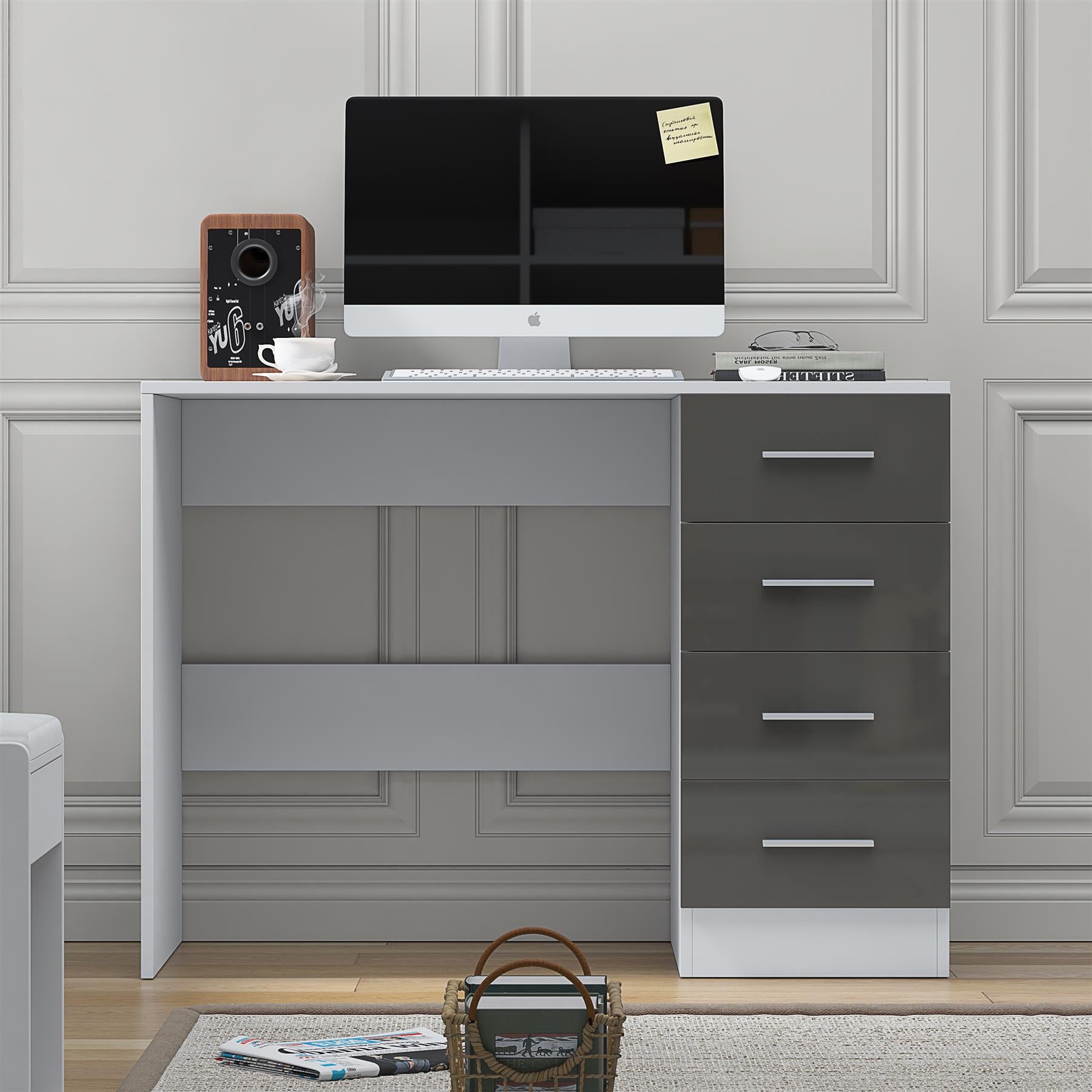 Reflect 4 Drawer Desk - Grey Gloss & Matt White - Modern Bedroom Storage for Vanity, Work or Study - H: 72cm x W: 99cm x D: 39.5cm