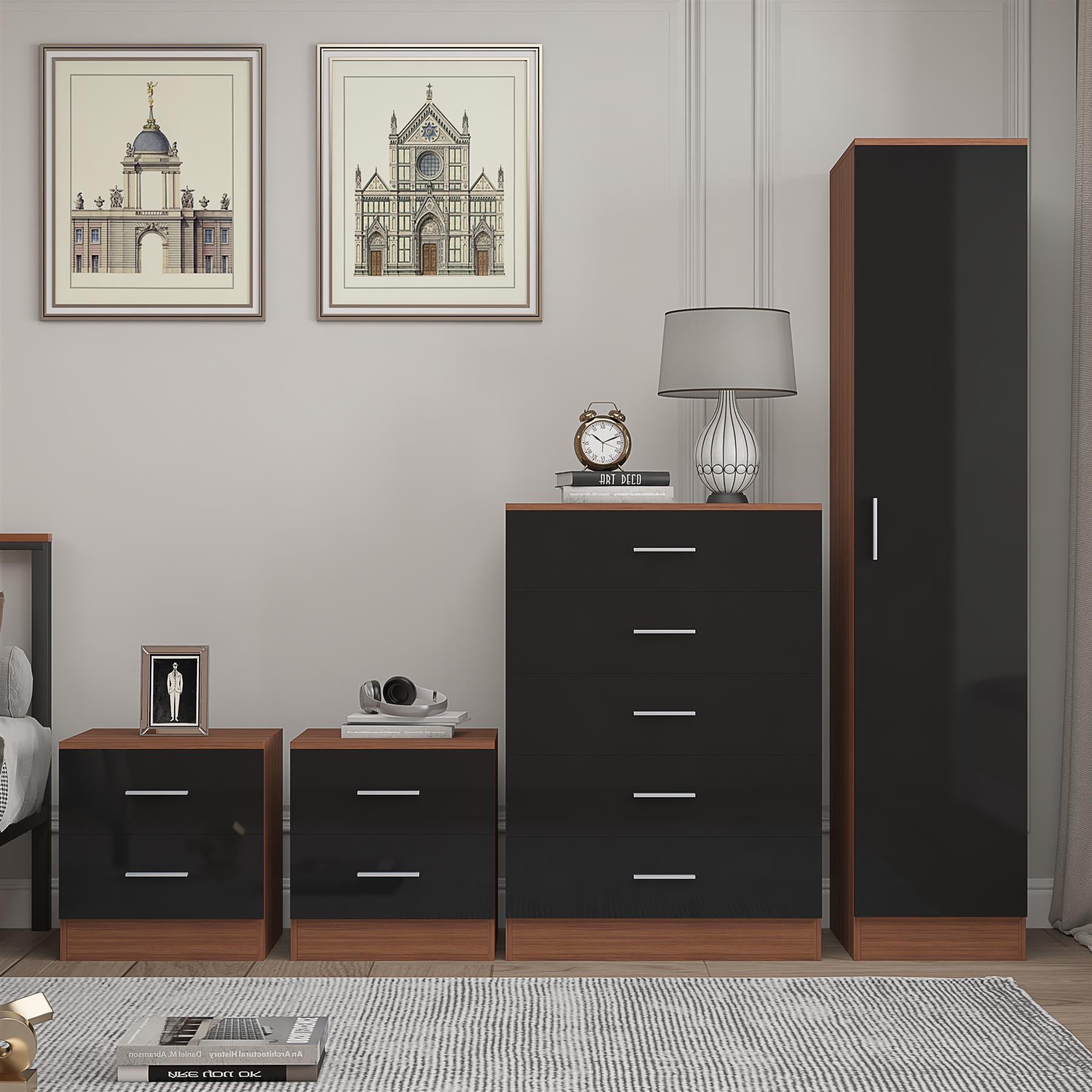 REFLECT Gloss 4pc Bedroom Set - 1 Door Wardrobe + 5 Draw Chest + 2 Bedsides
