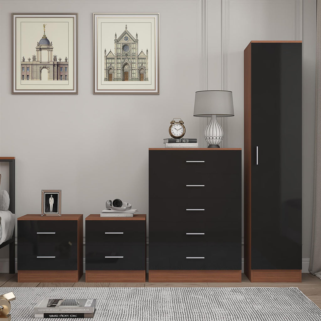 Reflect 1 Door Plain Wardrobe, 5 Drawer Chest, 2x 2 Drawer Bedsides - Black Gloss & Walnut - Modern Bedroom Furniture Set