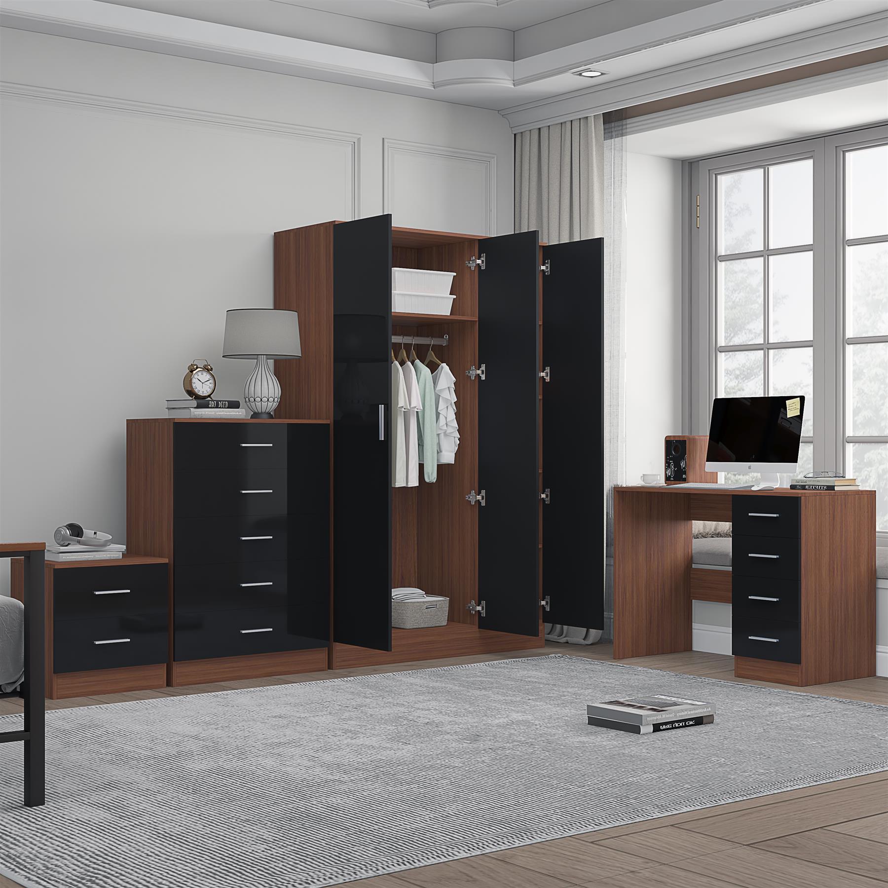 Reflect 3 Door Mirror Wardrobe, 5 Drawer Chest, 2 Drawer Bedside & Desk - Black Gloss & Walnut - Modern Bedroom Furniture Set