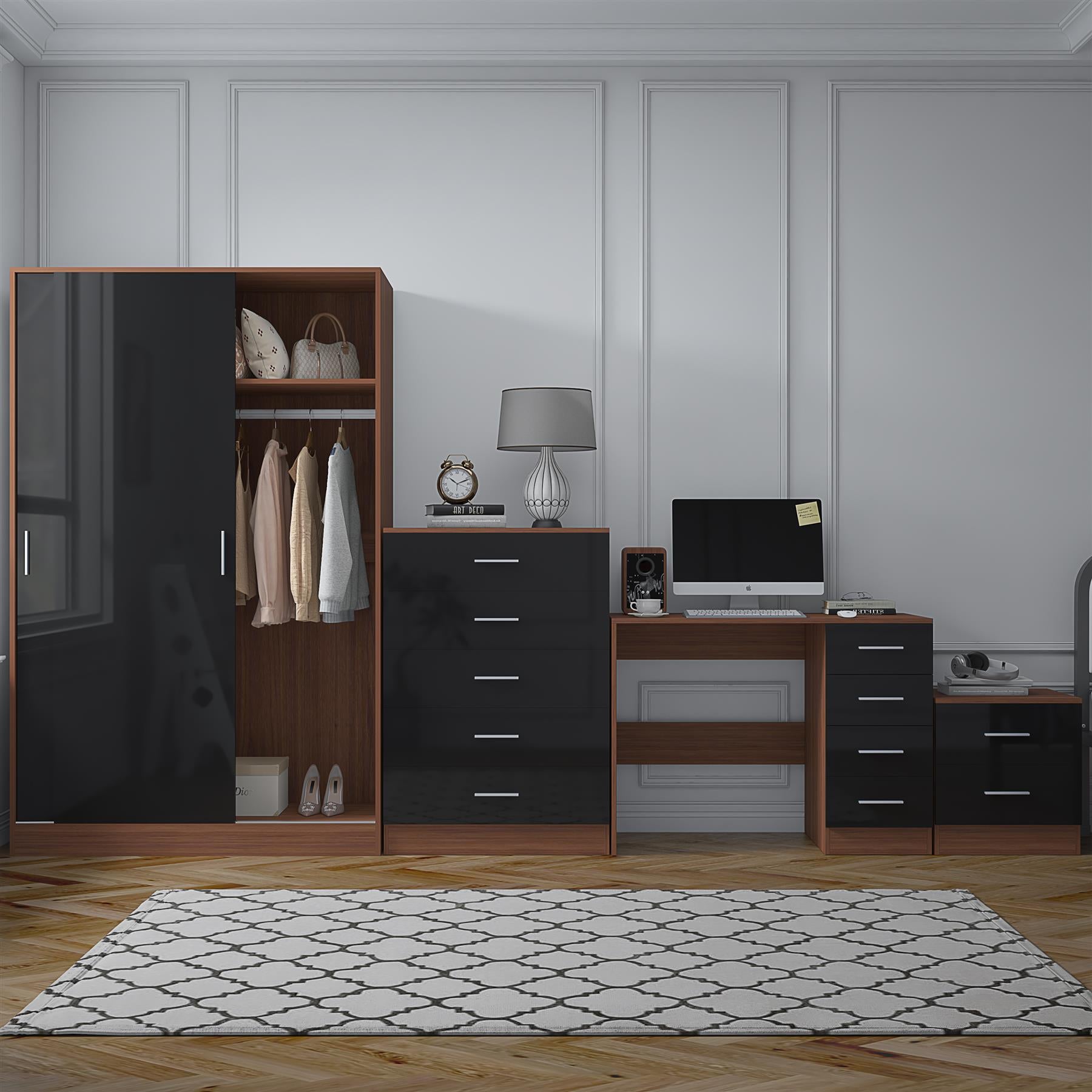 Reflect 2 Door Sliding Wardrobe, 5 Drawer Chest, 2 Drawer Bedside & Desk - Black Gloss & Walnut - Modern Bedroom Furniture Set