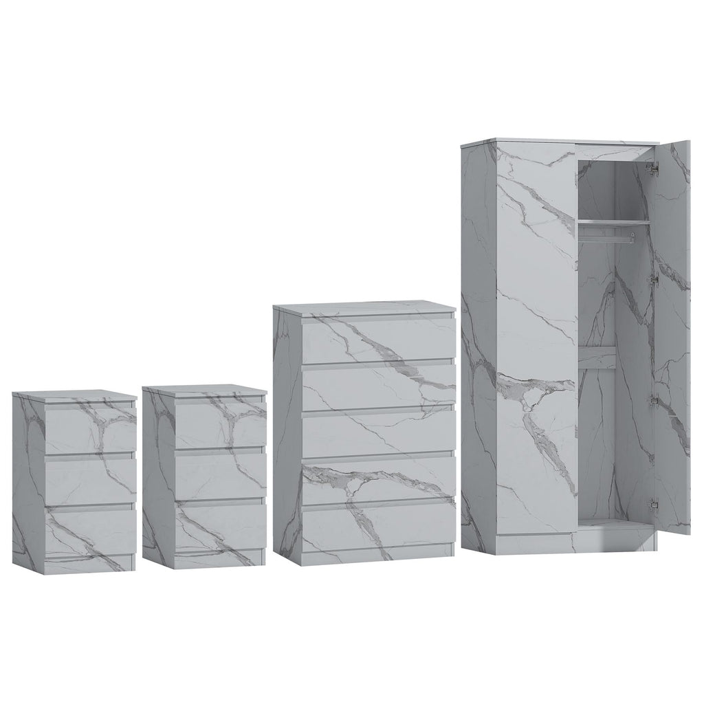 ZITA 4pc Set - 2 Door Wardrobe + Tall Chest + 2 Bedsides in White OR Grey Marble