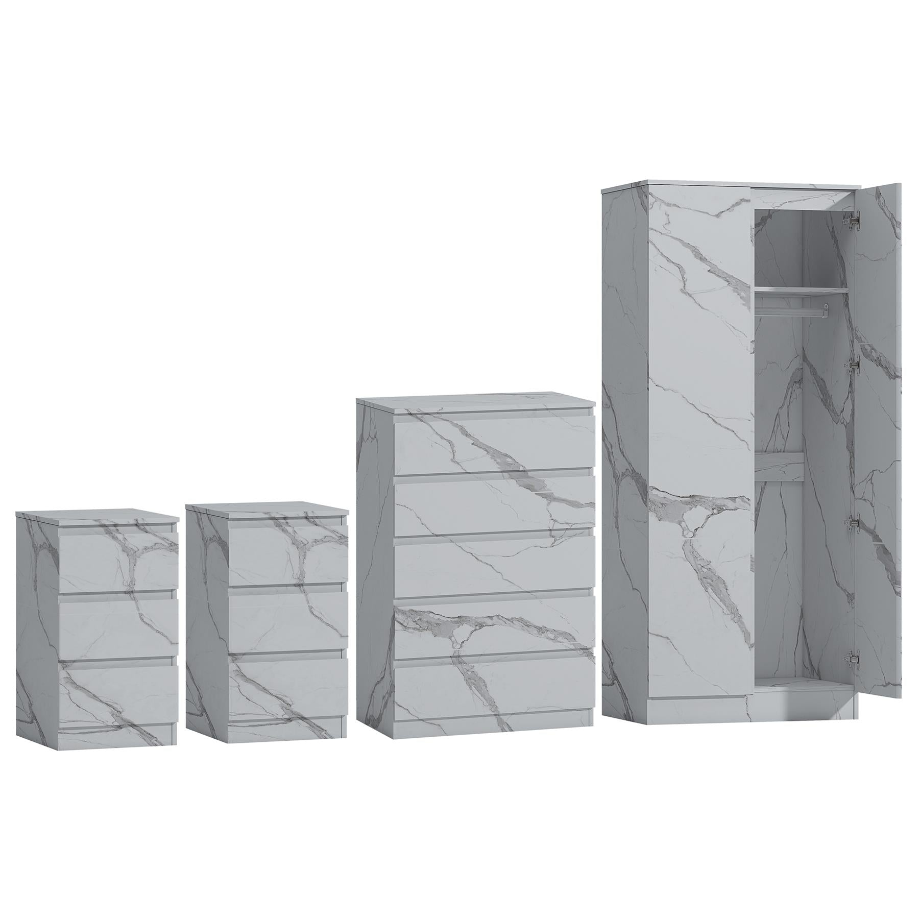 ZITA 4pc Set - 2 Door Wardrobe + Tall Chest + 2 Bedsides in White OR Grey Marble