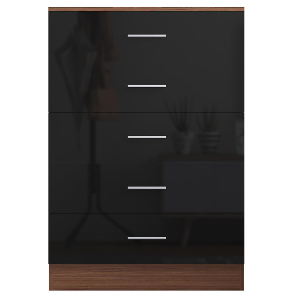 Reflect 5 Drawer Chest - Black Gloss & Walnut - Modern Vertical Bedroom Storage Unit - H: 100cm x W: 70cm x D: 40cm