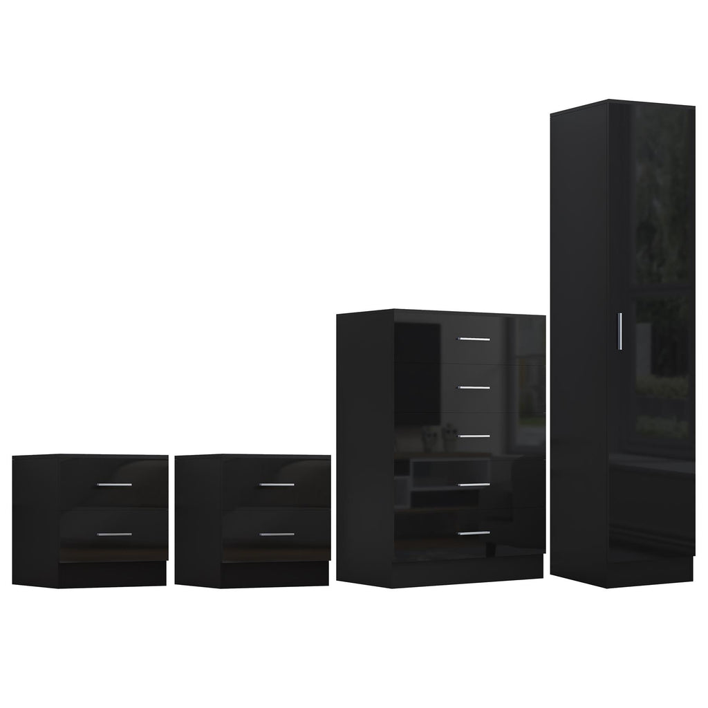 Reflect 1 Door Plain Wardrobe, 5 Drawer Chest, 2x 2 Drawer Bedsides - Black Gloss & Black Oak - Modern Bedroom Furniture Set