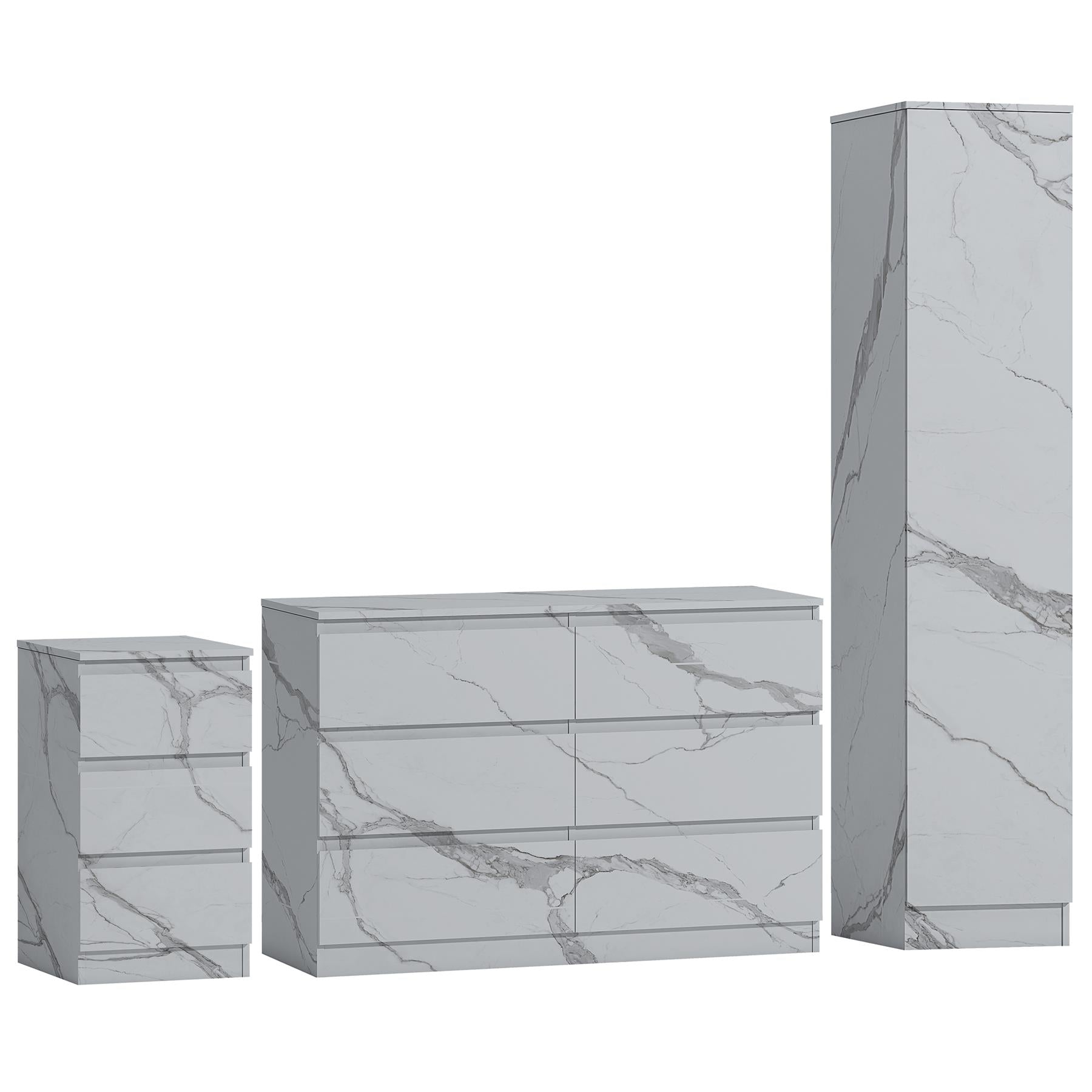 ZITA 3pc Set - 1 Door Wardrobe + Wide Chest + Bedside in White OR Grey Marble