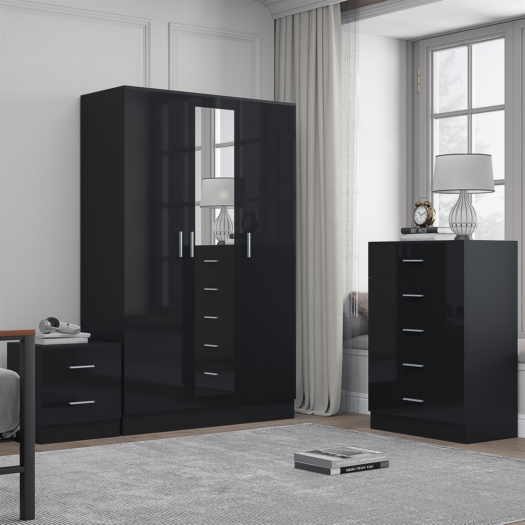 REFLECT Gloss 3pc Set - 3 Door Mirrored Wardrobe + 5 Draw Chest + Bedside