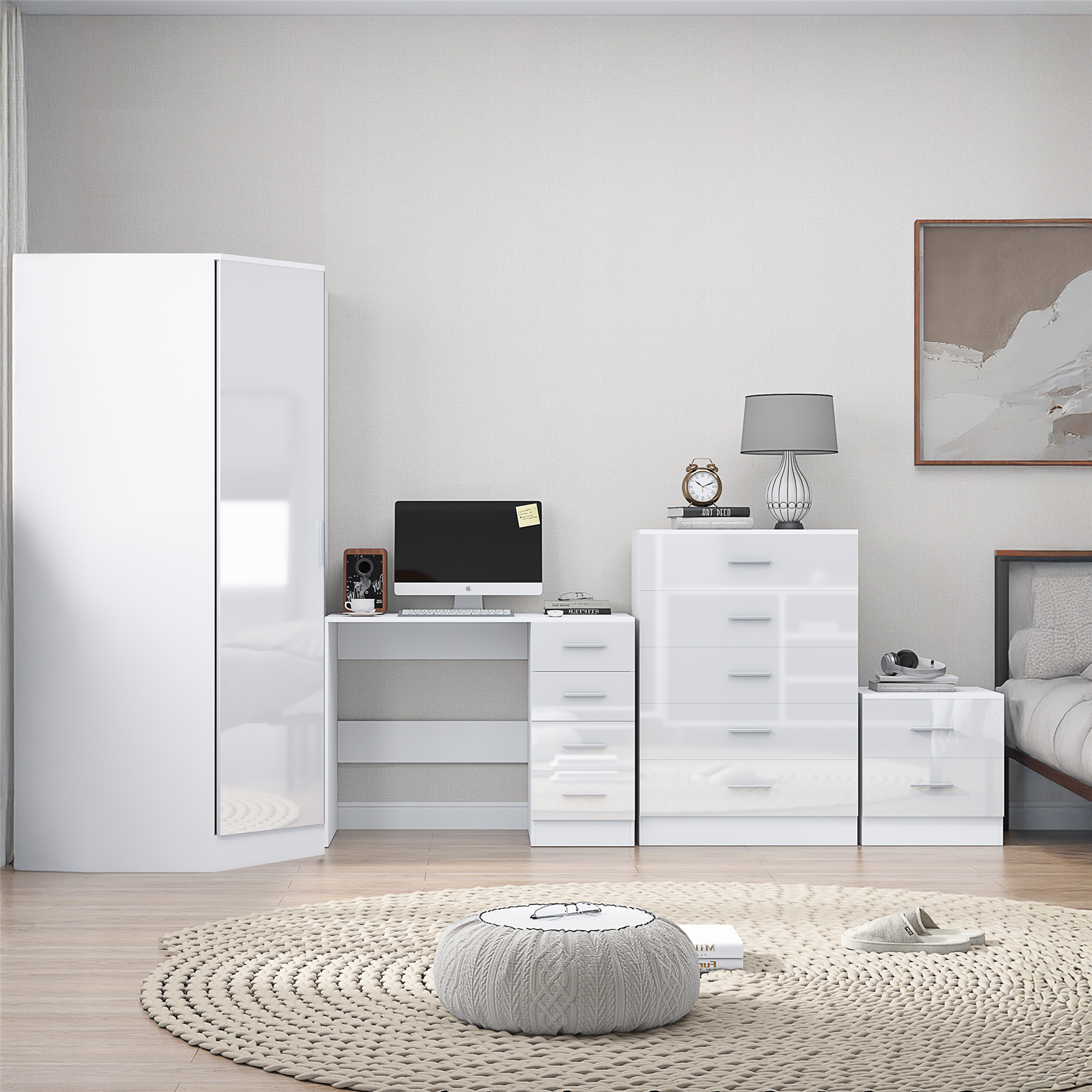 REFLECT - 1 Door Corner + 5 Drawer Chest + 2 Drawer Bedside + 4 Drawer Desk in Gloss White / Matt White