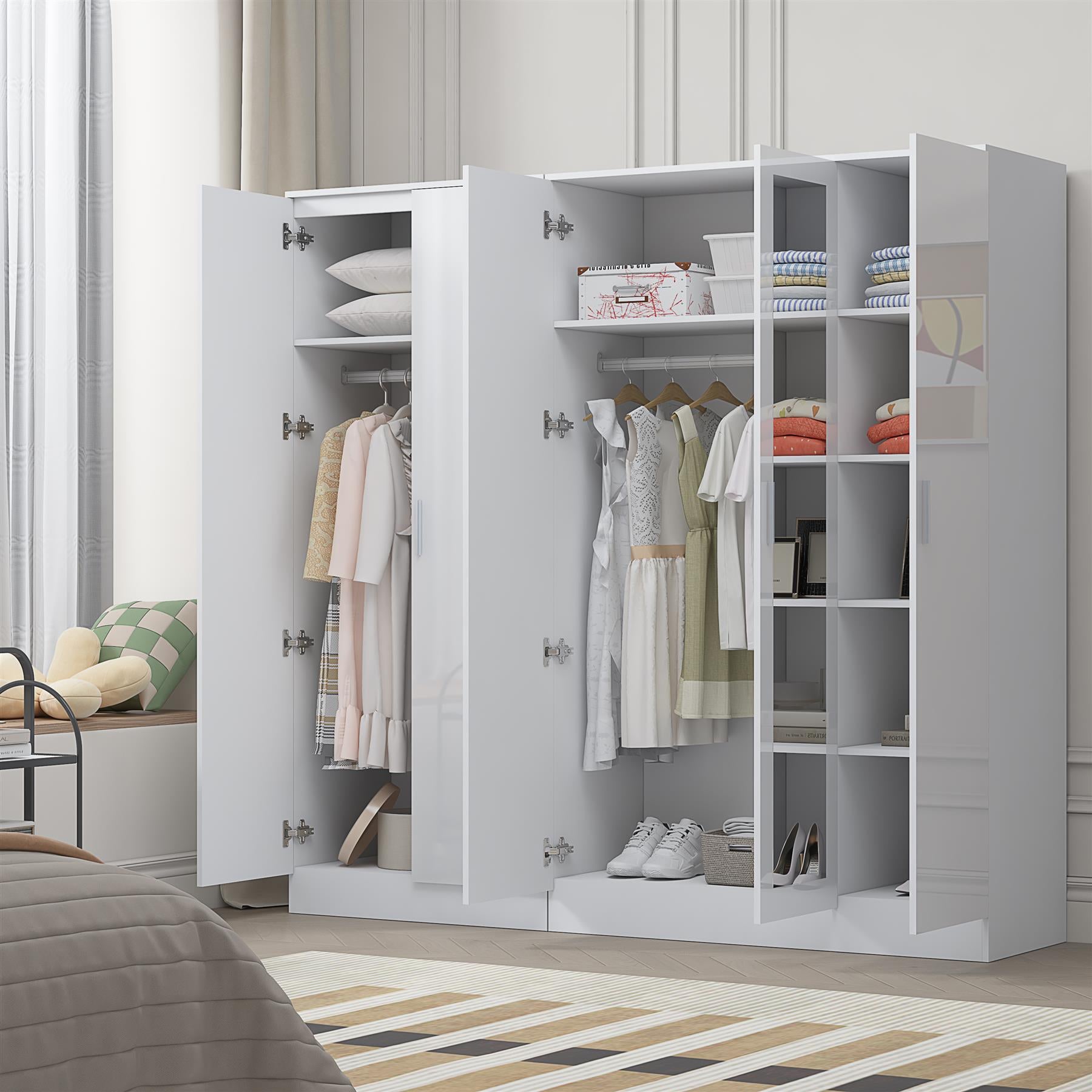 REFLECT - 3 Door MIRROR + 2 Door PLAIN Wardrobe - Gloss White / Matt White