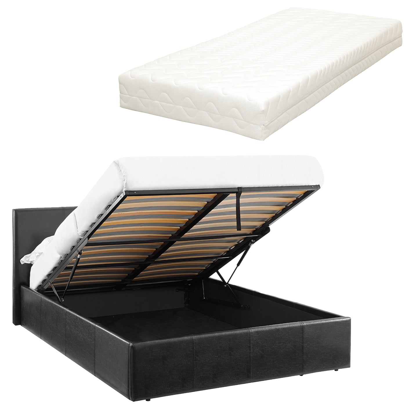 LUNA 4FT Small Double Black Ottoman Storage Bed with Gas Lift Up & Memory Foam & Spring Mattress - L: 203cm x W: 138cm x H: 88.5cm
