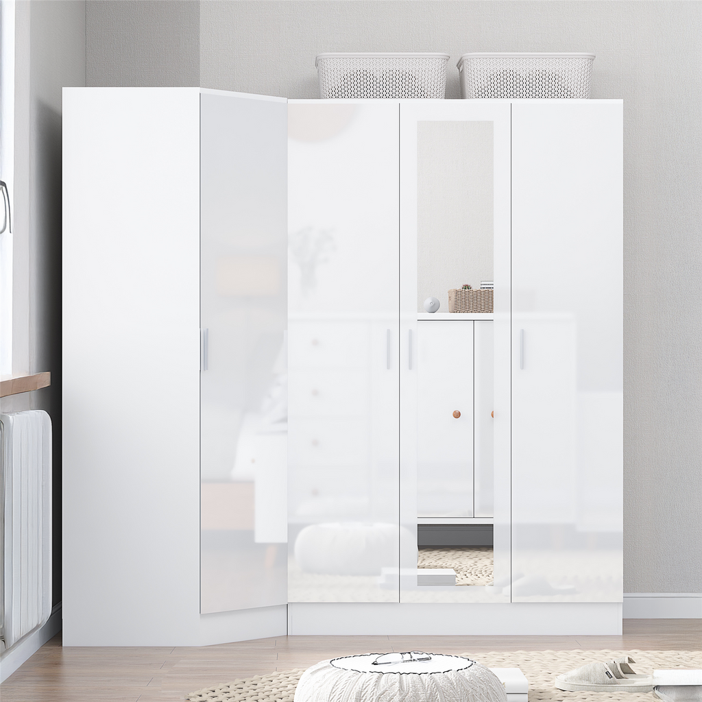 REFLECT - 1 Door Corner + 3 Door Mirror Wardrobe in Gloss White / Matt White