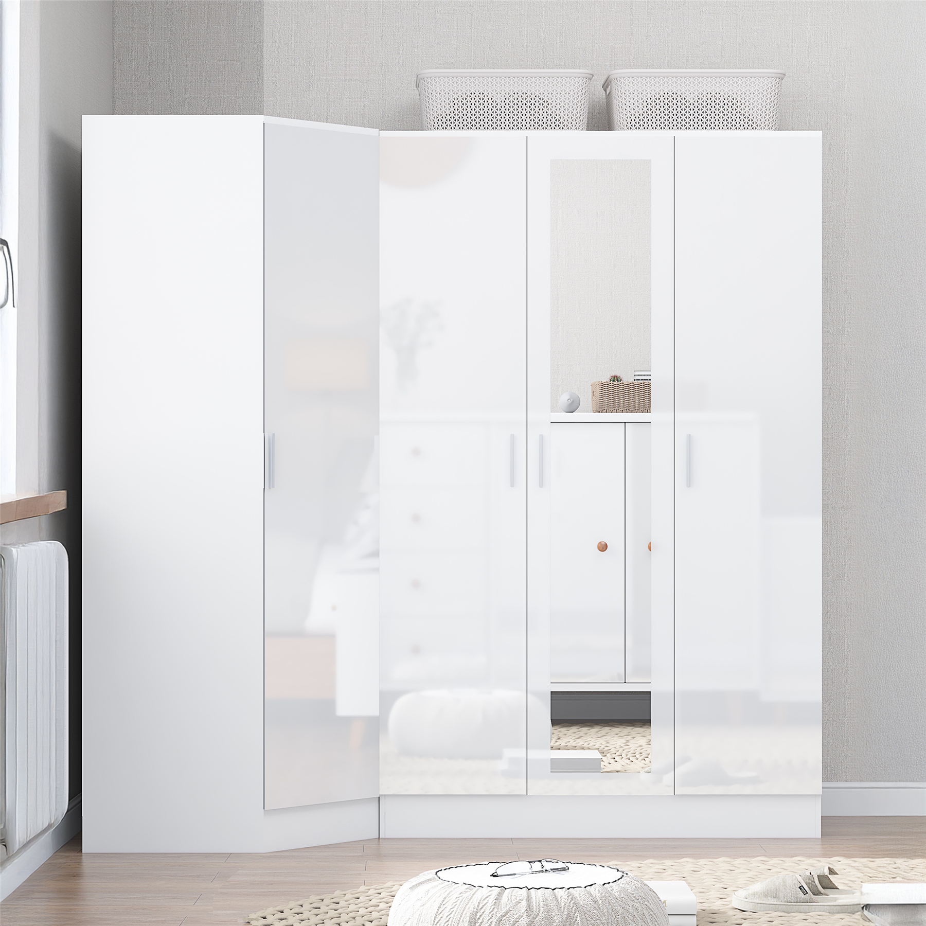 REFLECT - 1 Door Corner + 3 Door Mirror Wardrobe in Gloss White / Matt White