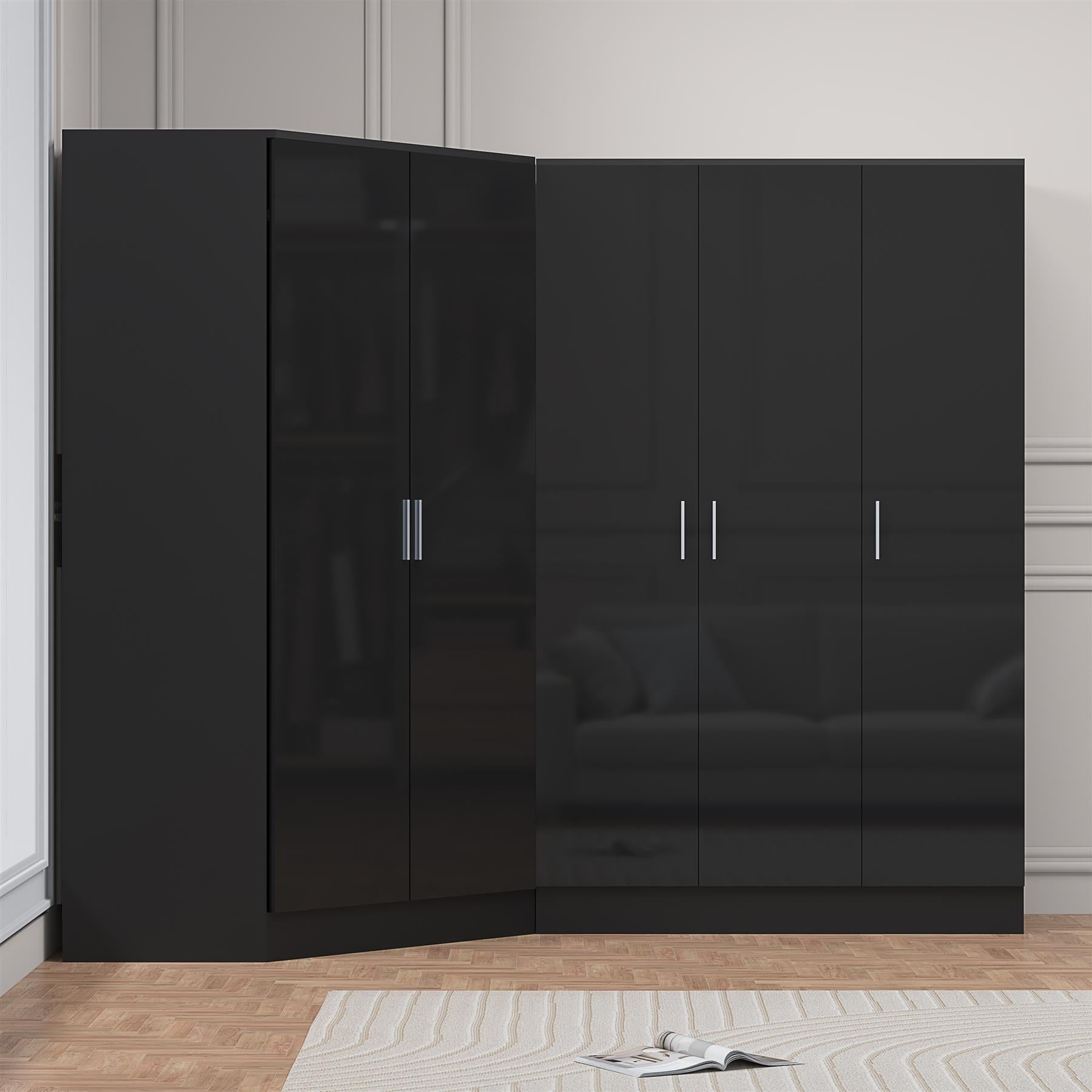 Reflect 2pc Wardrobe Bundle - 2 Door Corner + 3 Door Plain - Black Gloss & Black Oak - H: 180cm x W: 179cm x D: 103cm