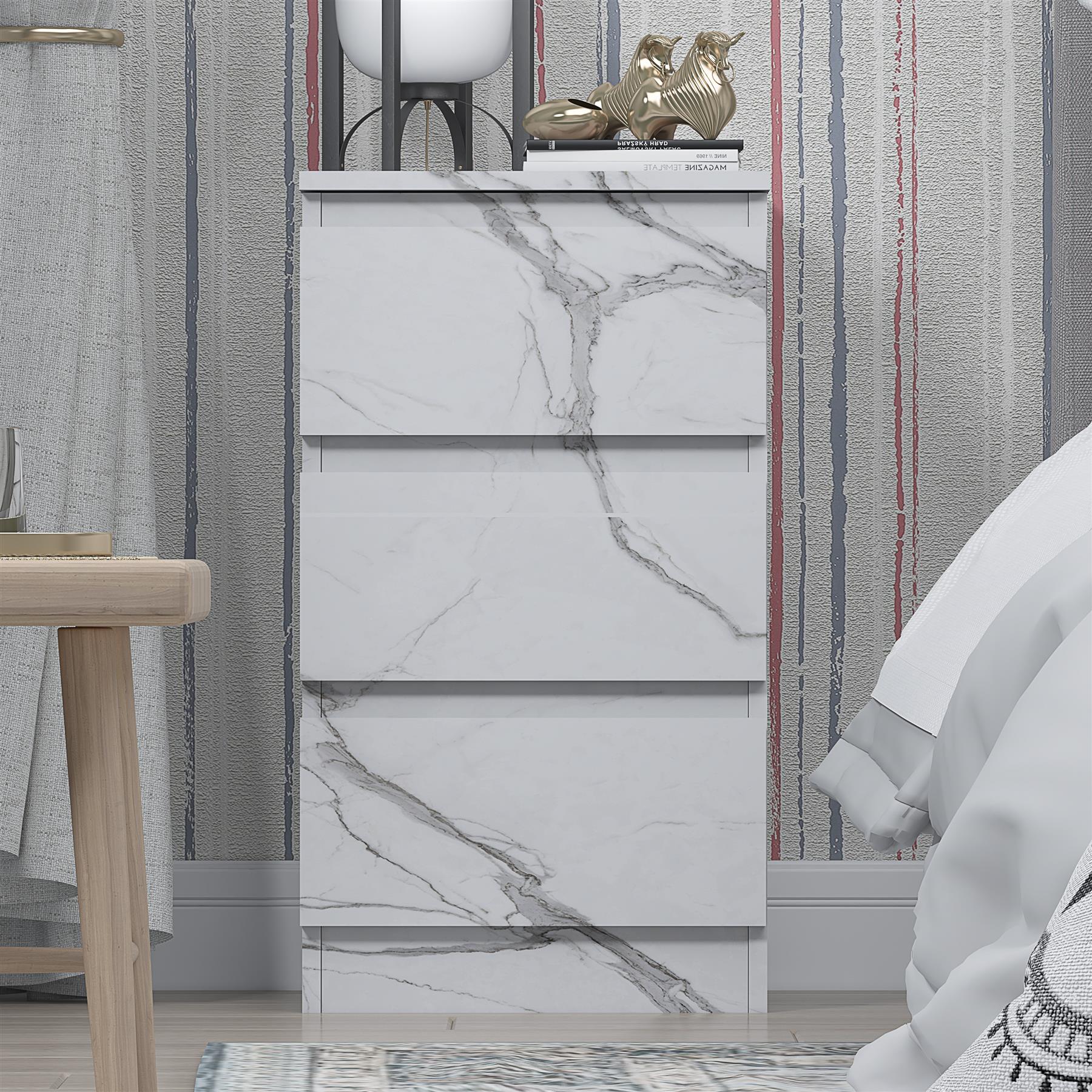 ZITA Bedroom Furniture Range Wardrobe Chest Bedside in White Marble Effect