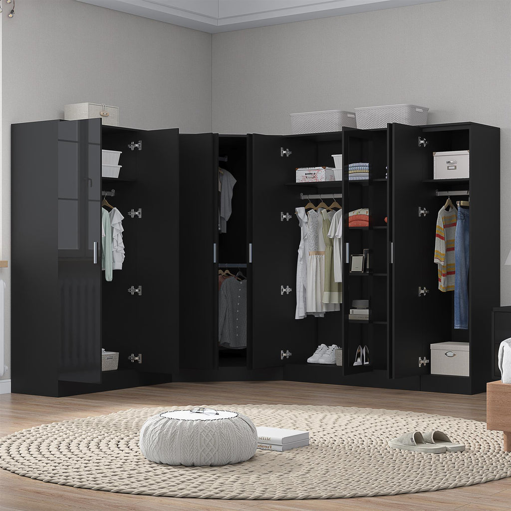 Reflect 4pc Wardrobe Bundle - 2 Door Corner + 3 Door Mirror + 3 Door Plain + 1 Door Plain - Black Gloss & Black Oak