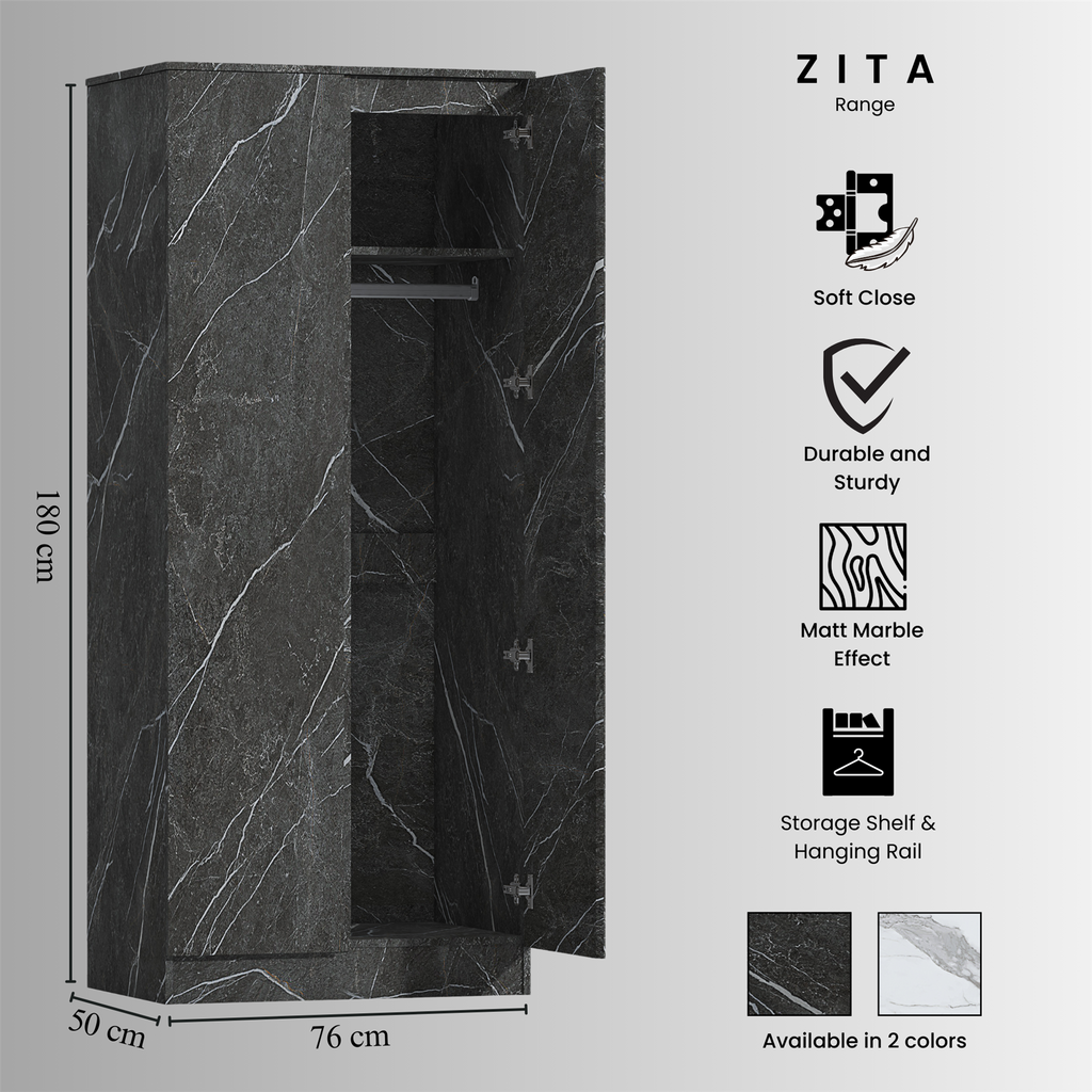 ZITA Bedroom Furniture Wardrobe Chest Bedside in White OR Grey Marble Colour