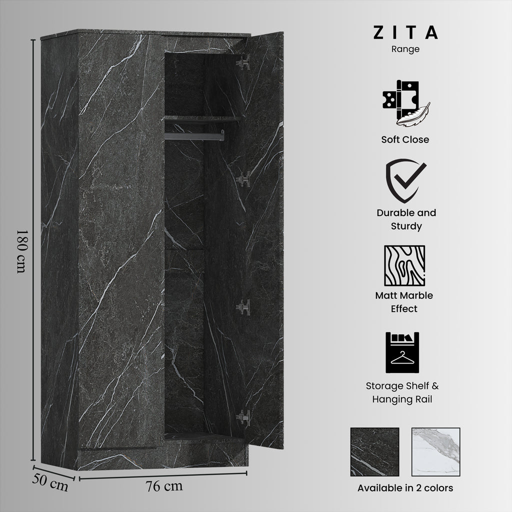 ZITA Grey Marble Effect 2 Door Plain Wardrobe - Bedroom Storage, (L) 50cm x (W) 76cm x (H) 180cm, Stylish and Spacious