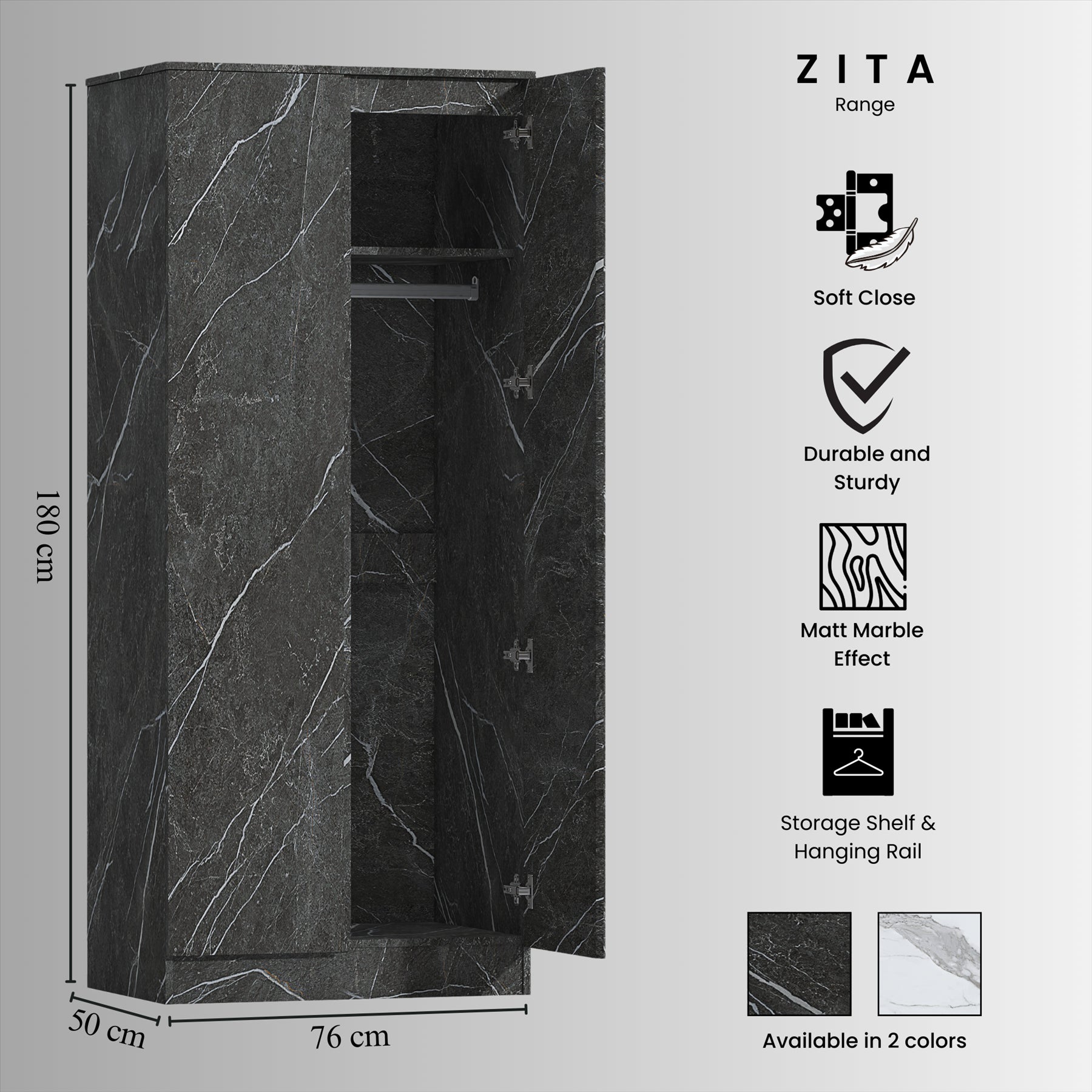 ZITA Grey Marble Effect 2 Door Plain Wardrobe - Bedroom Storage, (L) 50cm x (W) 76cm x (H) 180cm, Stylish and Spacious