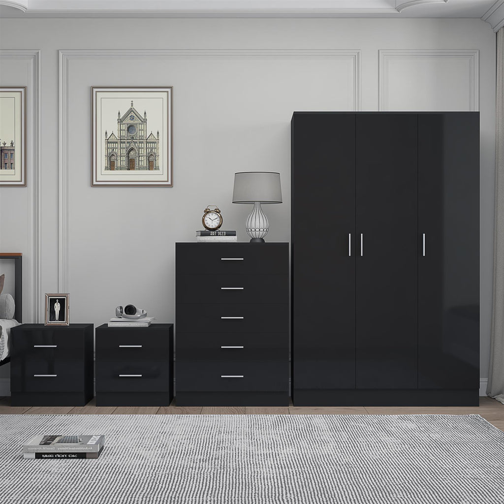 REFLECT Gloss 4pc Bedroom Set - 3 Door Wardrobe + 5 Draw Chest + 2 Bedsides