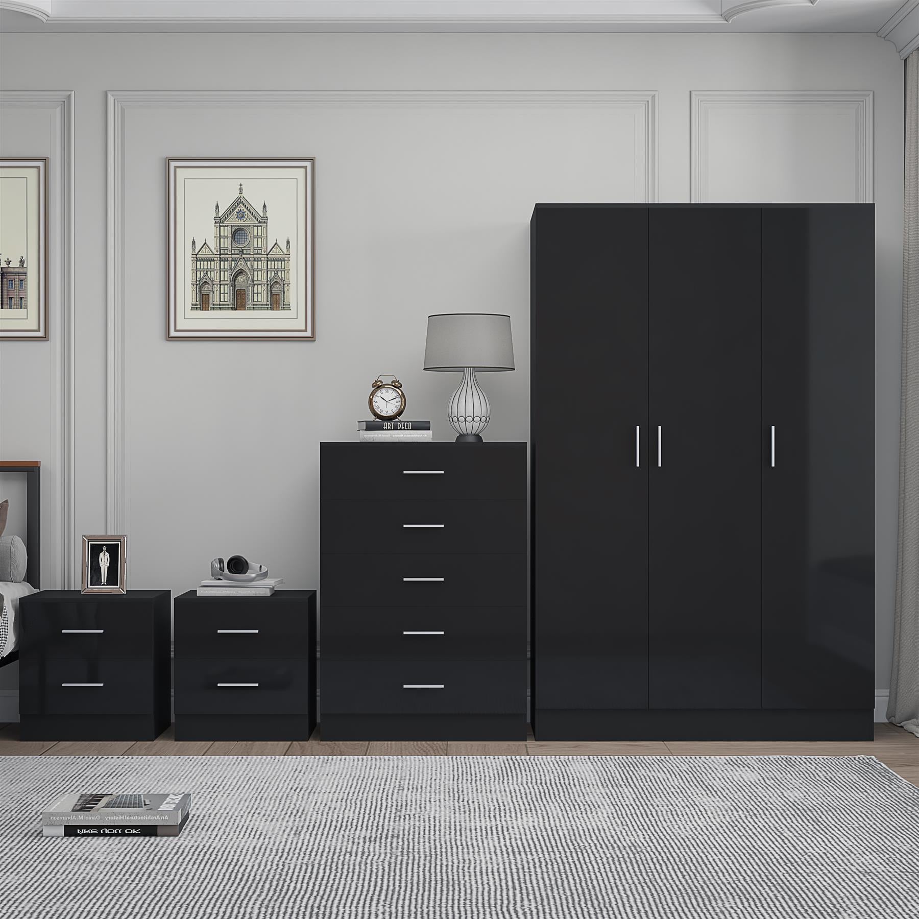 REFLECT Gloss 4pc Bedroom Set - 3 Door Wardrobe + 5 Draw Chest + 2 Bedsides