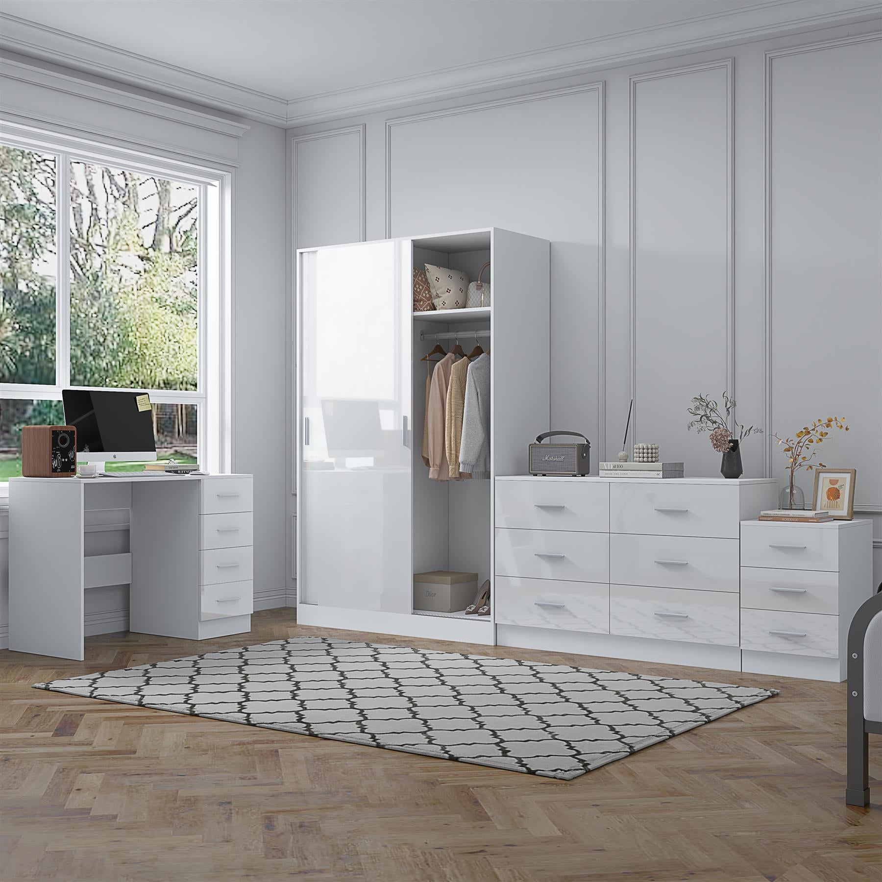 REFLECT Gloss 4pc Set - 2 Door Sliding Wardrobe + Wide Chest + Bedside + Desk.
