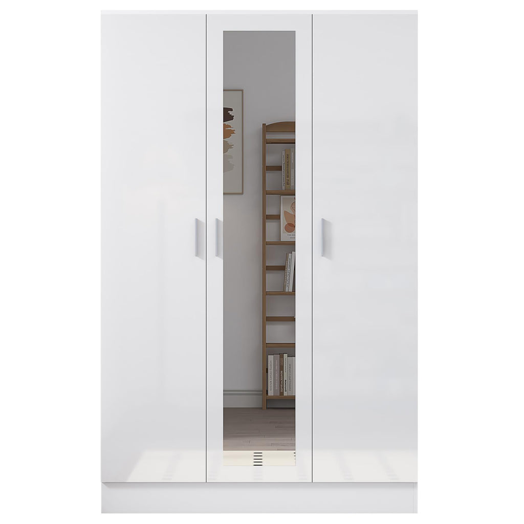 Reflect 3 Door Mirror Wardrobe-White Gloss & Matt White-Hanging Rail & 4 Shelves-H: 180cm x W: 113cm x D: 47cm - Modern Design