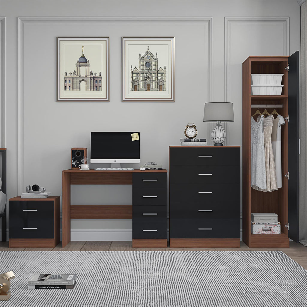 Reflect 1 Door Plain Wardrobe, 5 Drawer Chest, 2 Drawer Bedside & Desk - Black Gloss & Walnut - Bedroom Furniture Set