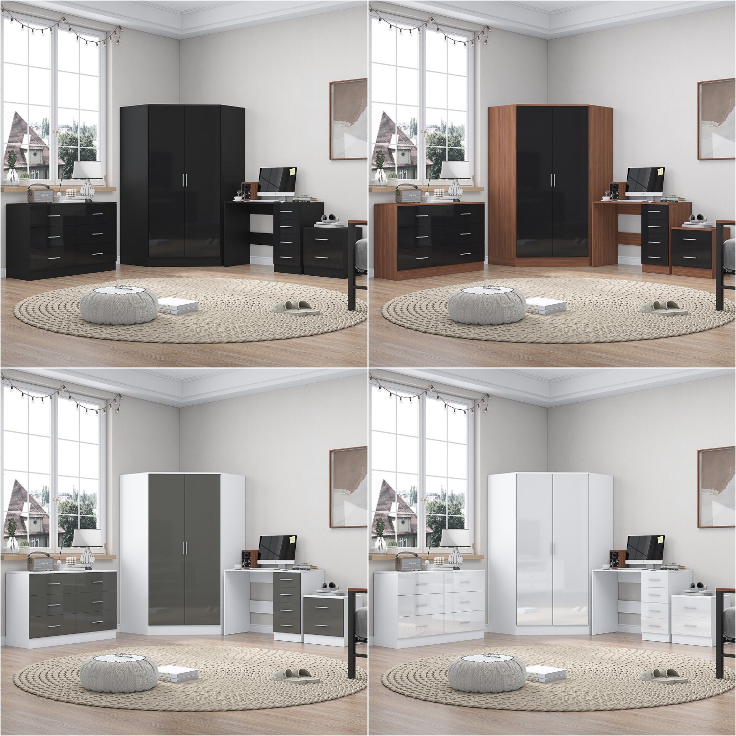 REFLECT 4pc Bedroom Set - Corner, Wide Chest, Bedside, Desk - 4 Colour Options