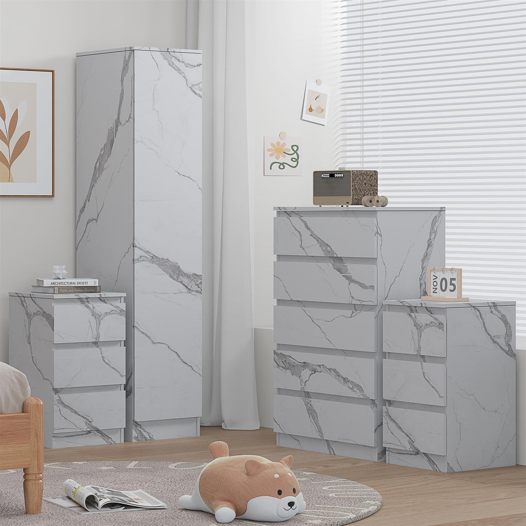 ZITA 3/4pc Bedroom Furniture Sets Wardrobe Chest Bedside - White OR Grey Marble