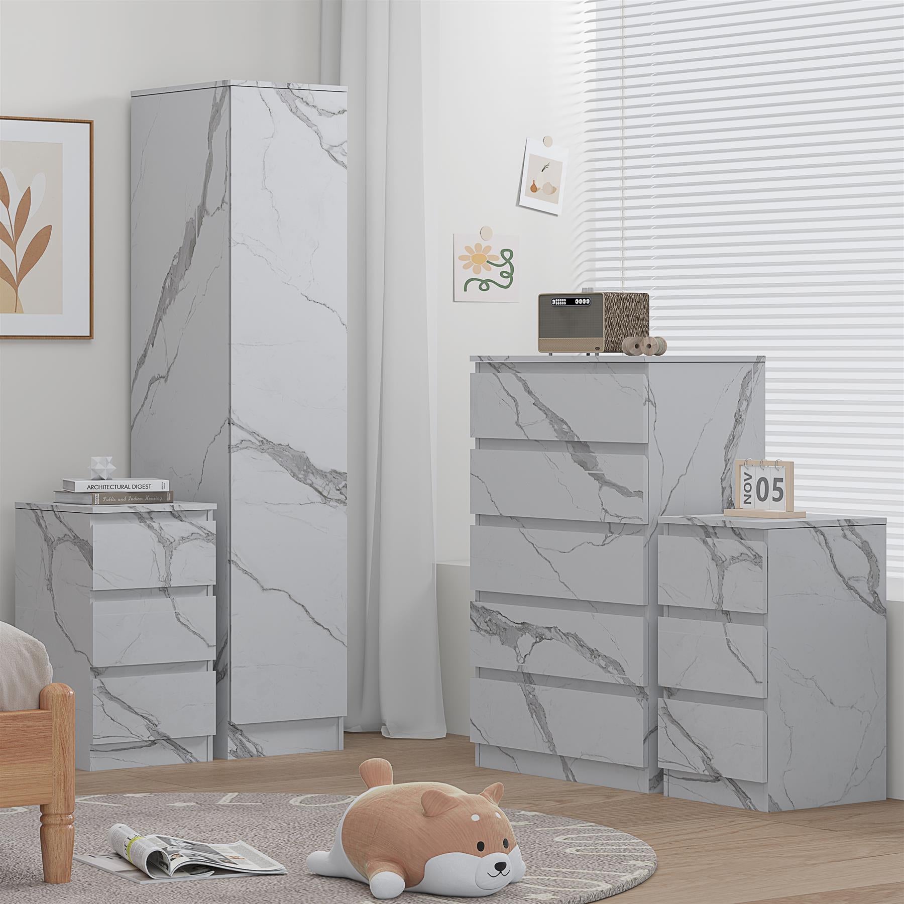 ZITA 3/4pc Bedroom Furniture Sets Wardrobe Chest Bedside - White OR Grey Marble