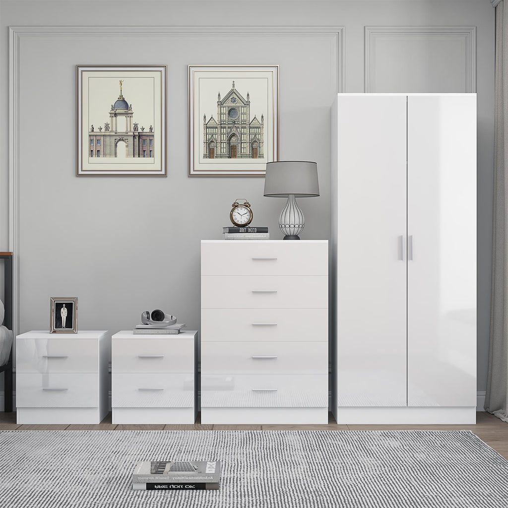 Reflect 2 Door Plain Wardrobe, 5 Drawer Chest, 2x 2 Drawer Bedsides - White Gloss & Matt White - Modern Bedroom Furniture Set