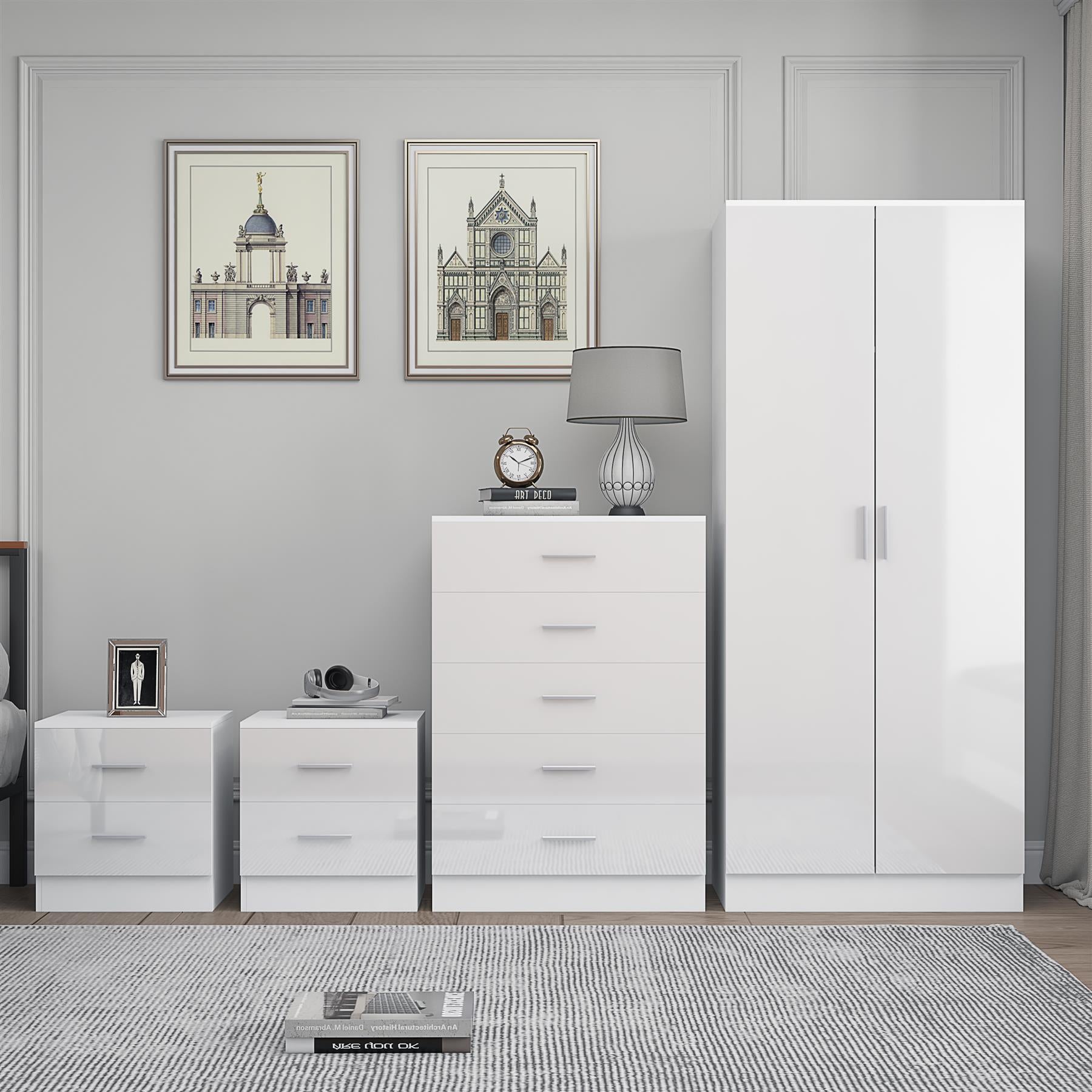 Reflect 2 Door Plain Wardrobe, 5 Drawer Chest, 2x 2 Drawer Bedsides - White Gloss & Matt White - Modern Bedroom Furniture Set