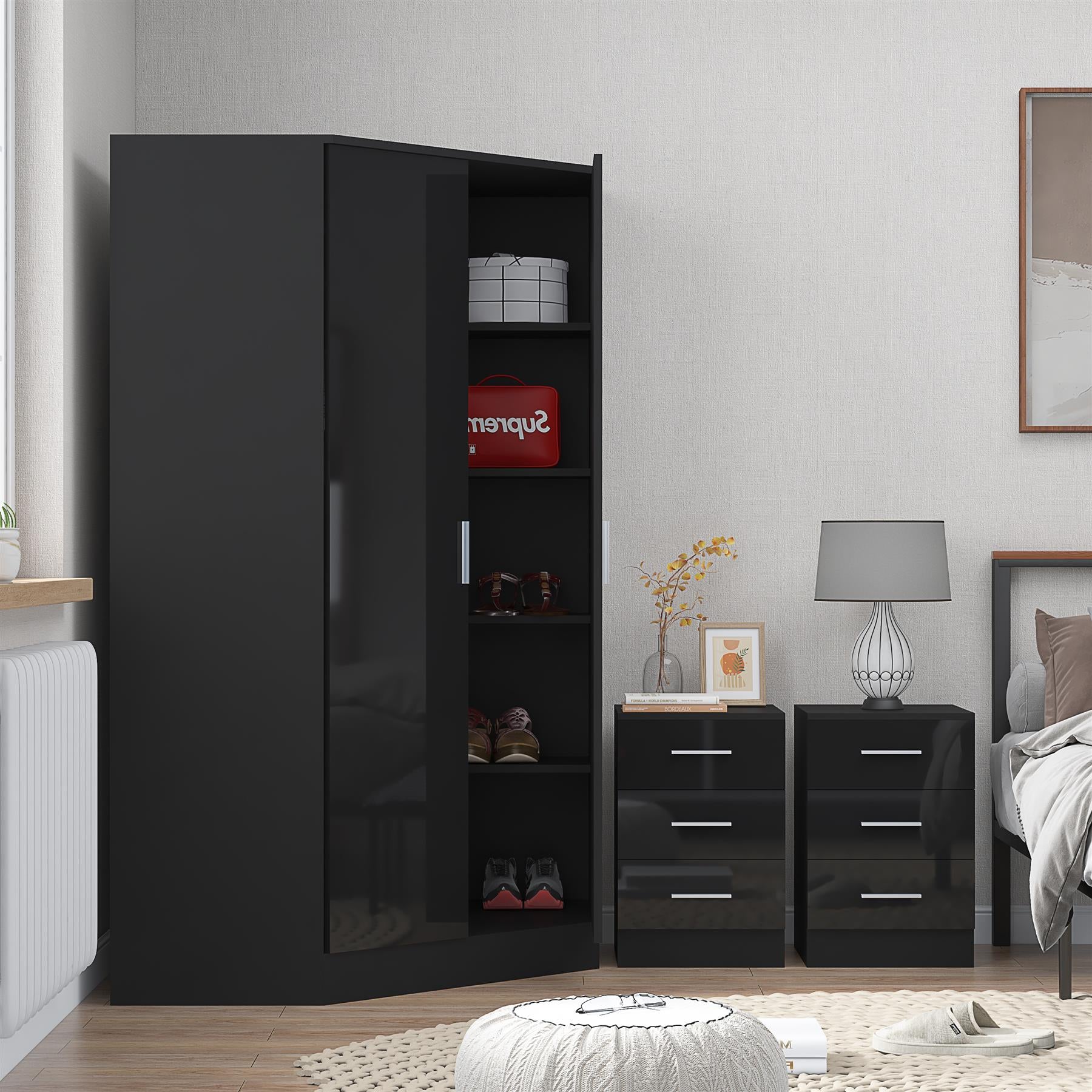 REFLECT - 2 Door CORNER + 2x 3 Drawer Bedside - Gloss Black / Matt Black