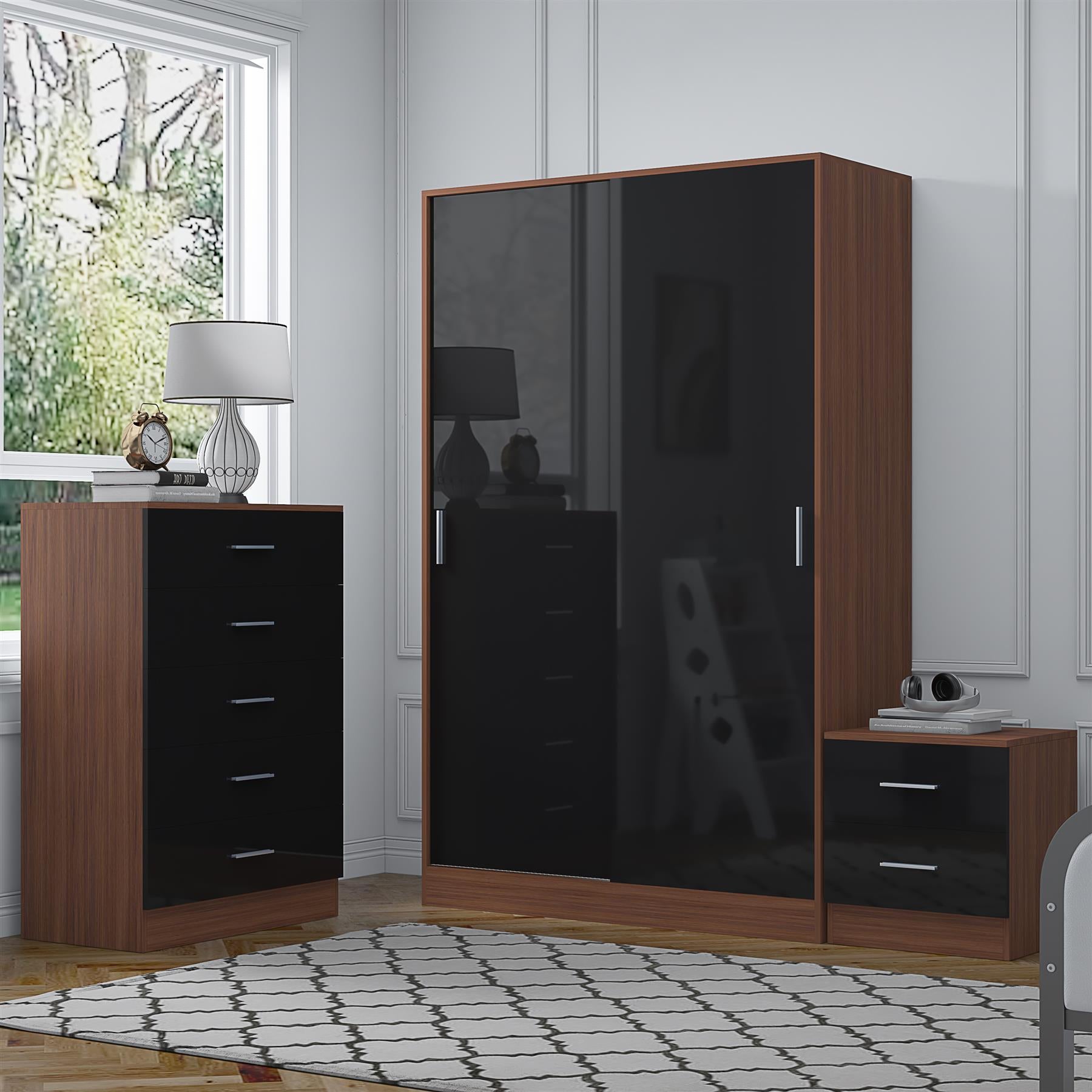 Reflect 2 Door Sliding Wardrobe, 5 Drawer Chest, 2 Drawer Bedside - Black Gloss & Walnut - Modern Bedroom Furniture Set