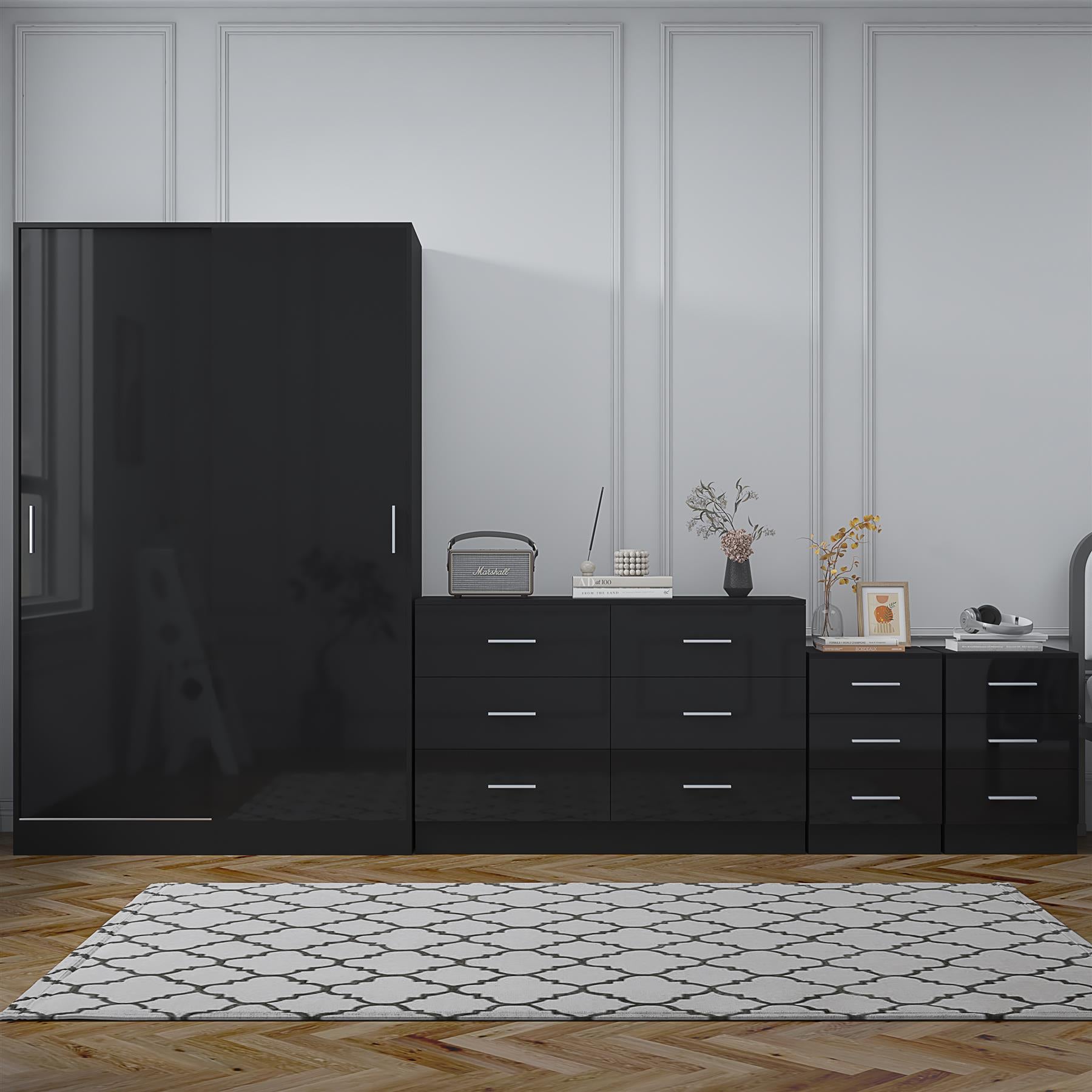 Reflect 2 Door Sliding Wardrobe, 6 Drawer Wide Chest, 2x3 Drawer Bedsides - Black Gloss & Black Oak - Modern Bedroom Furniture Set