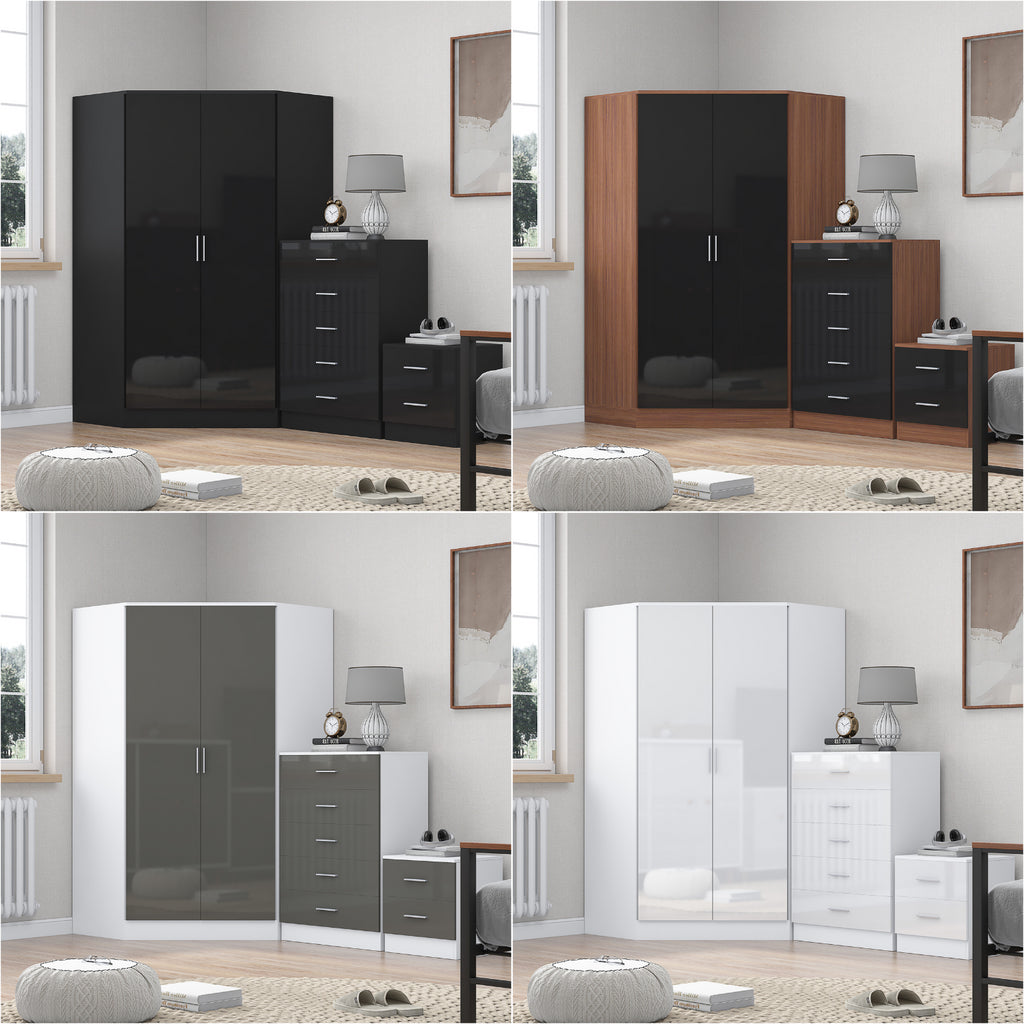 REFLECT Gloss 4pc Set - 2 Door Corner Wardrobe + 5 Draw Chest + Bedside