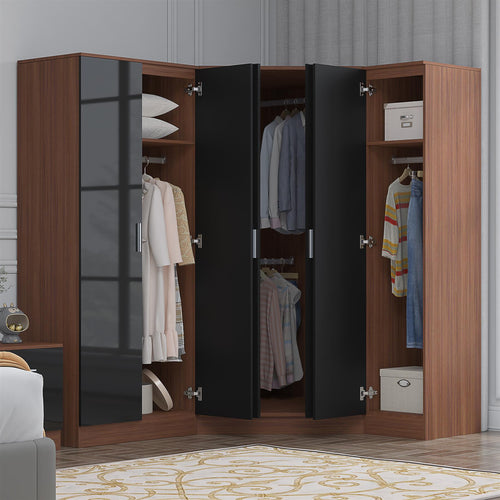Reflect 3pc Wardrobe Bundle - 2 Door Corner + 2 Door Mirror + 1 Door Plain - Black Gloss & Walnut