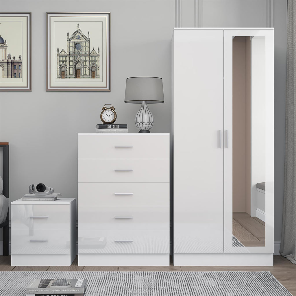 Reflect 2 Door Mirror Wardrobe, 5 Drawer Chest, 2 Drawer Bedside - White Gloss & Matt White - Modern Bedroom Furniture Set