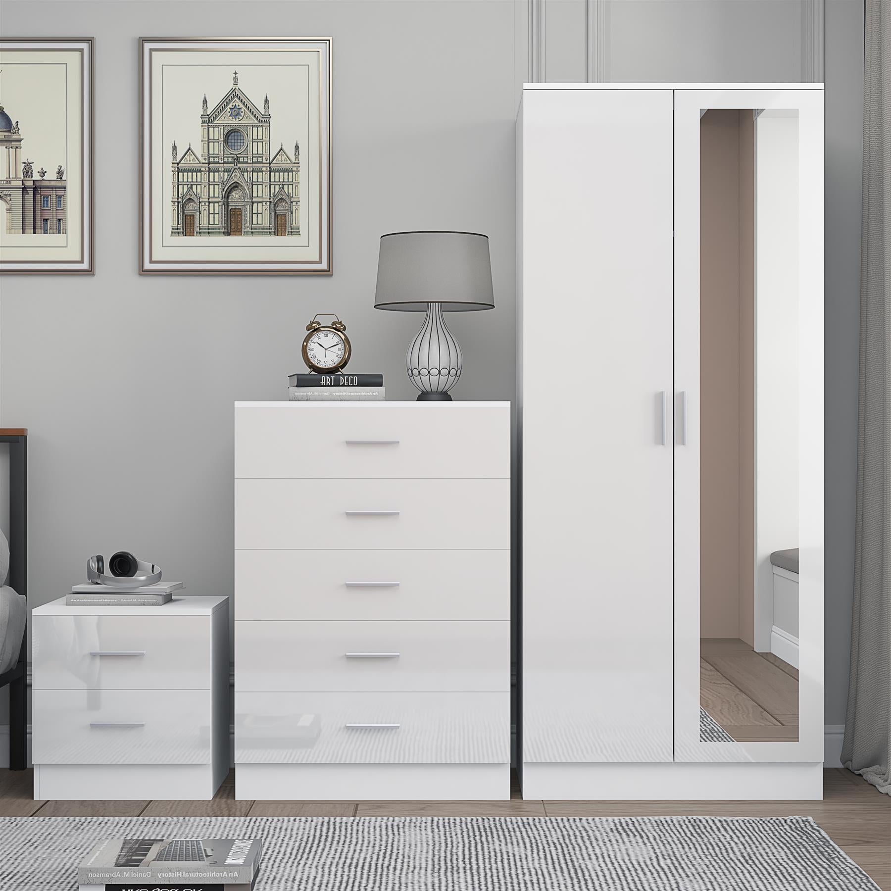Reflect 2 Door Mirror Wardrobe, 5 Drawer Chest, 2 Drawer Bedside - White Gloss & Matt White - Modern Bedroom Furniture Set