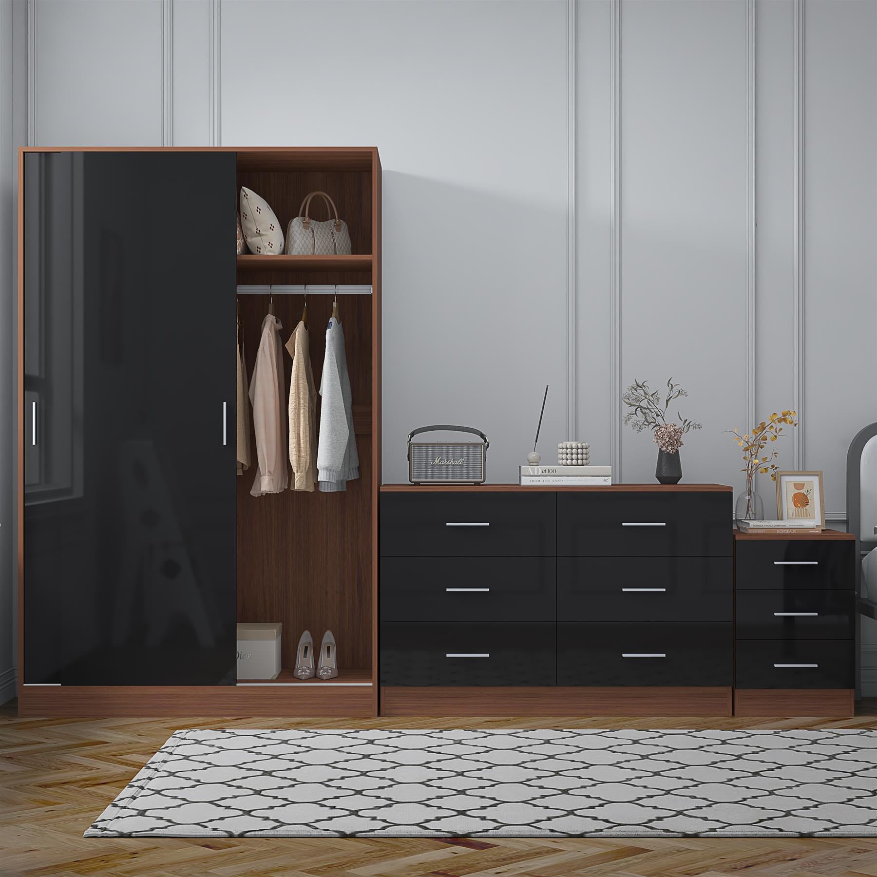 Reflect 2 Door Sliding Wardrobe, 6 Drawer Wide Chest, 3 Drawer Bedside - Black Gloss & Walnut - Modern Bedroom Furniture Set